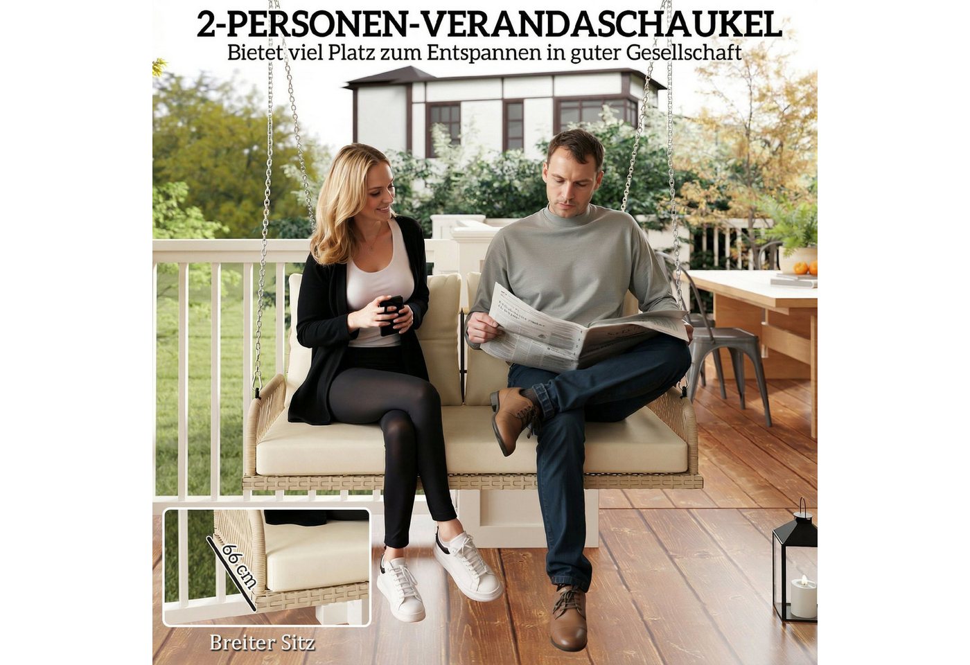 Outsunny Hollywoodschaukel mit Kissen, Ketten, bis 240 kg belastbar, 2-Sitzer, Schaukeln, Rattan Gartenschaukel, 1 tlg., 2-Sitzer Hängebank, für Garten, Balkon, 115 x 66 x 44 cm, Beige Bild 2