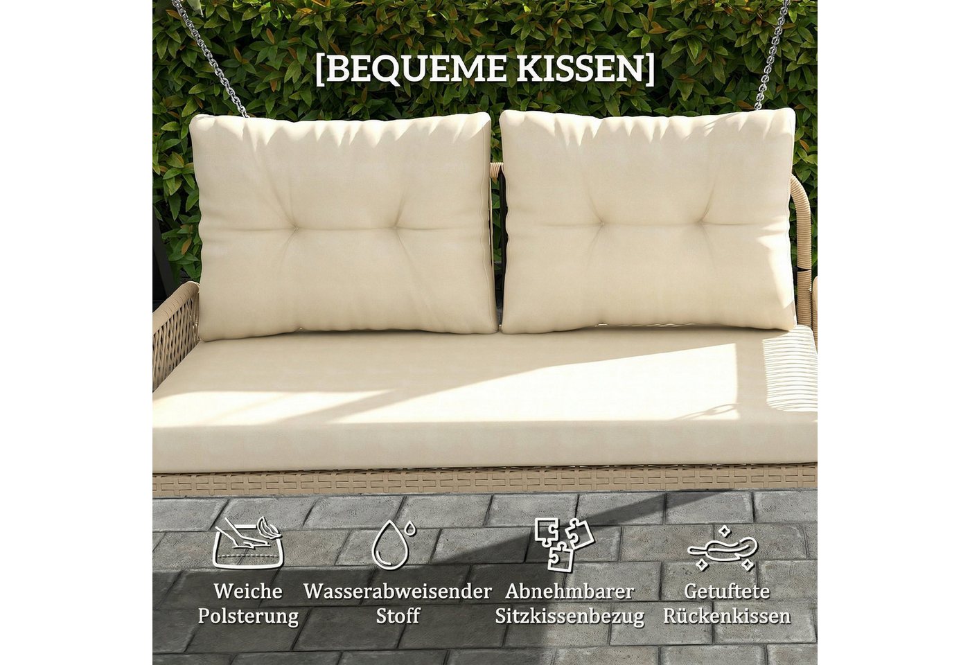 Outsunny Hollywoodschaukel mit Kissen, Ketten, bis 240 kg belastbar, 2-Sitzer, Schaukeln, Rattan Gartenschaukel, 1 tlg., 2-Sitzer Hängebank, für Garten, Balkon, 115 x 66 x 44 cm, Beige Bild 3