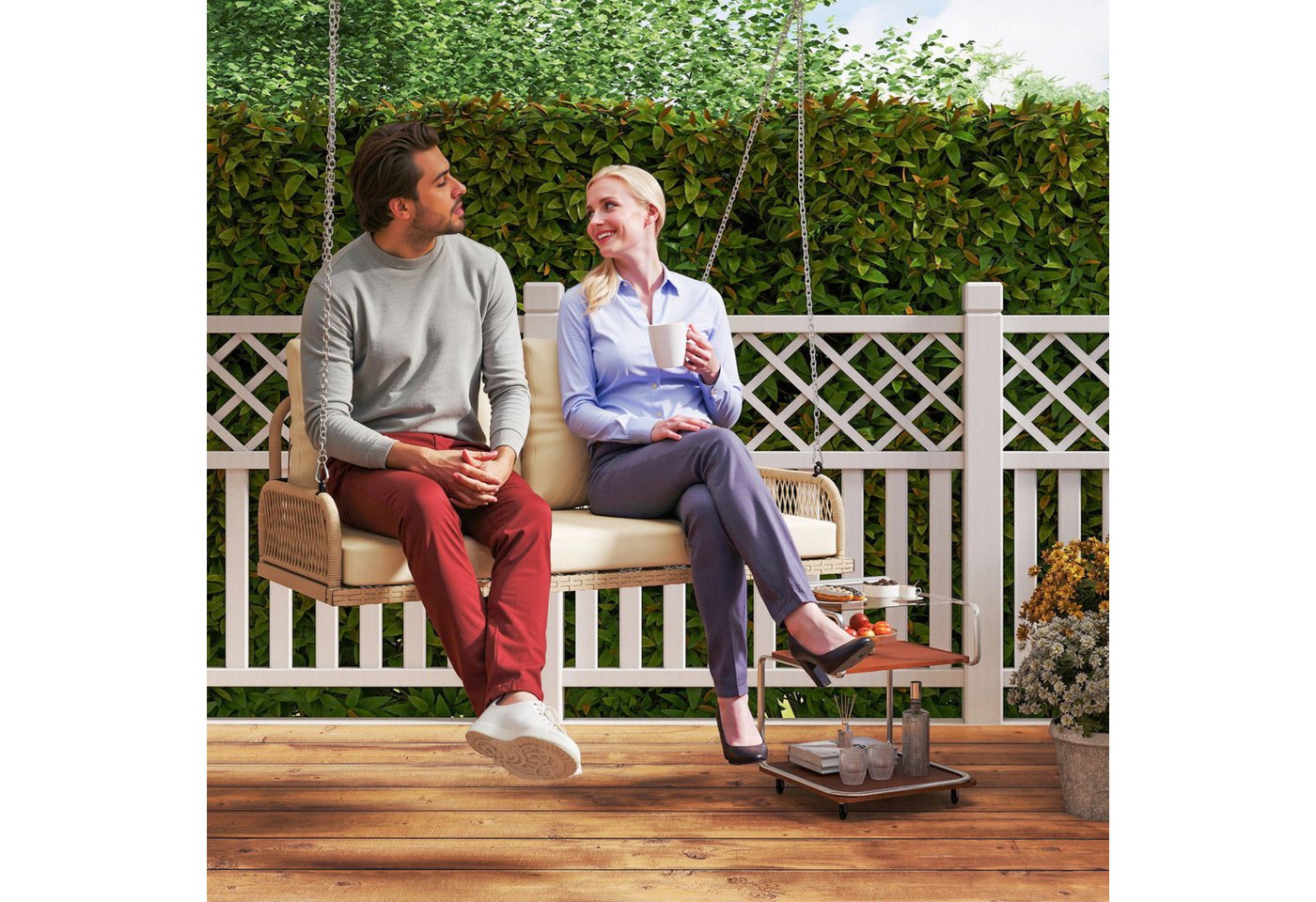 Outsunny Hollywoodschaukel mit Kissen, Ketten, bis 240 kg belastbar, 2-Sitzer, Schaukeln, Rattan Gartenschaukel, 1 tlg., 2-Sitzer Hängebank, für Garten, Balkon, 115 x 66 x 44 cm, Beige Bild 4