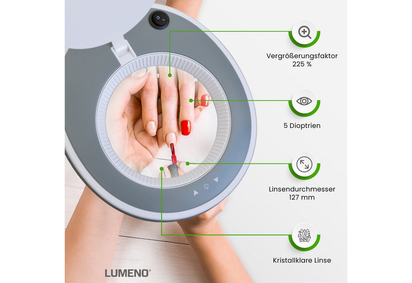 Lumeno Lupenlampe 821X LED dimmbare Lupenlampe mit kristallklarer 127mm Linse, LED fest integriert, Kaltweiß, 6500 K