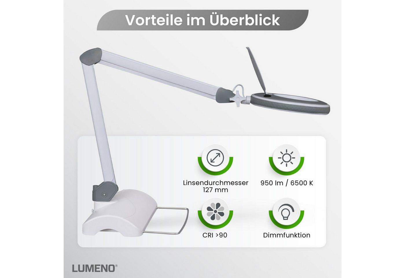 Lumeno Lupenlampe 821X LED dimmbare Lupenlampe mit kristallklarer 127mm Linse, LED fest integriert, Kaltweiß, 6500 K Bild 2