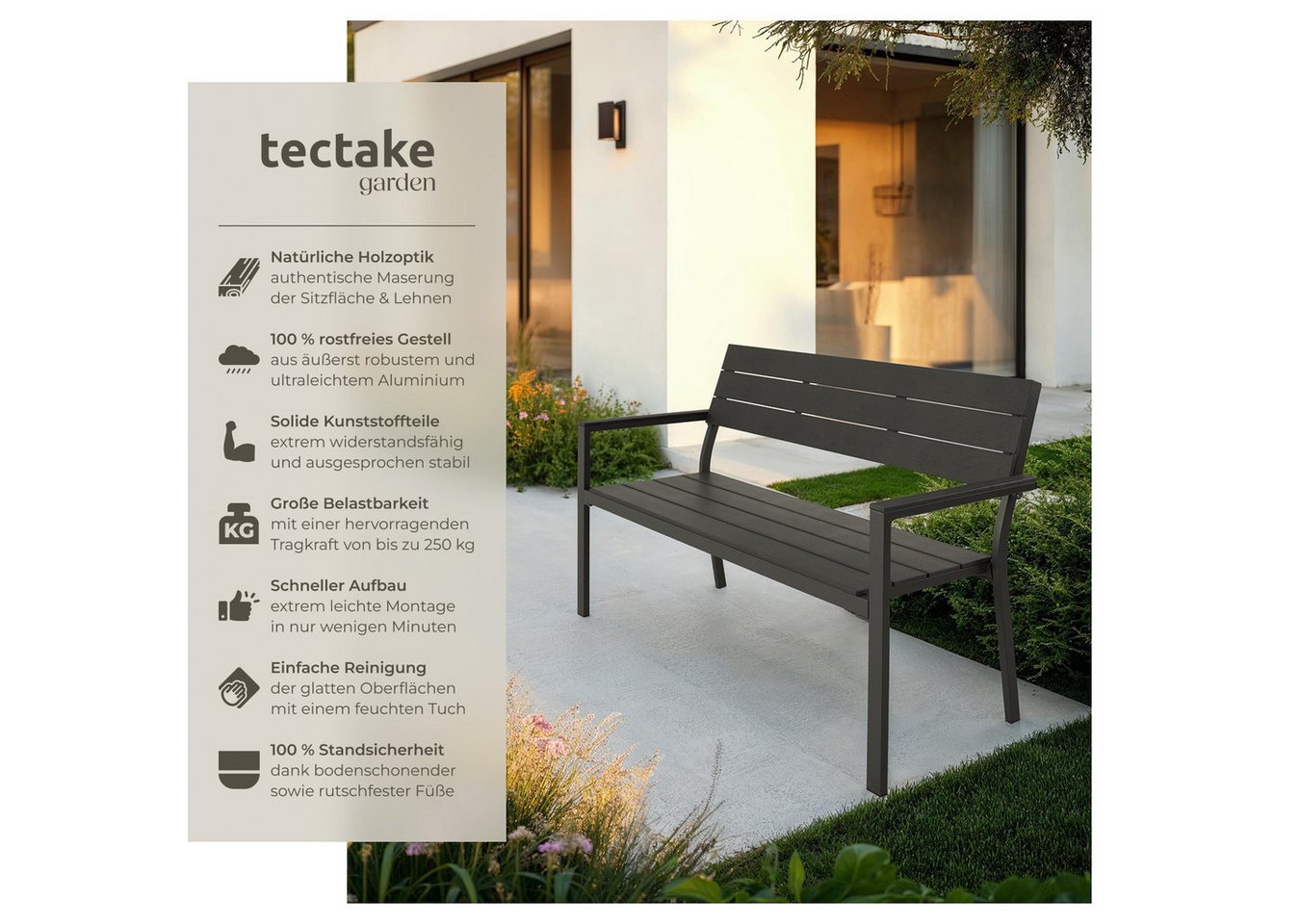 tectake Gartenbank Aluminium-Outdoor-Sitzbank, Maße: 128 x 59 x 88 cm, 2-Sitzer (Parkbank Line, in dunkelgrau), Wetterbeständig, Holzoptik, mit einer Belastbarkeit von 250 kg