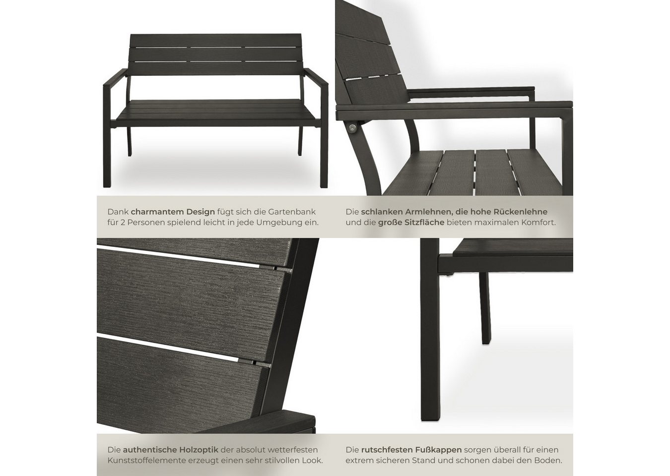 tectake Gartenbank Aluminium-Outdoor-Sitzbank, Maße: 128 x 59 x 88 cm, 2-Sitzer (Parkbank Line, in dunkelgrau), Wetterbeständig, Holzoptik, mit einer Belastbarkeit von 250 kg Bild 2