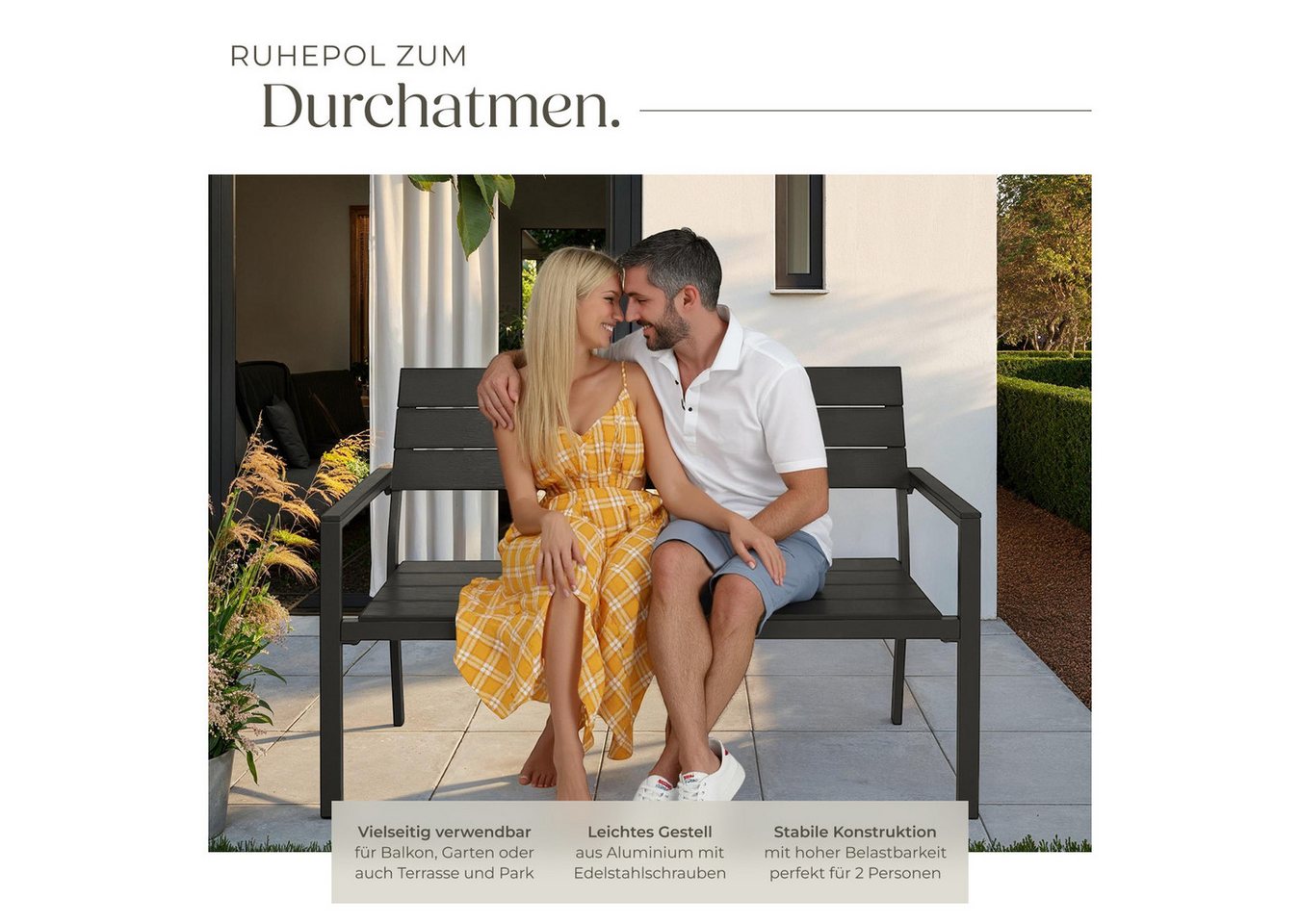 tectake Gartenbank Aluminium-Outdoor-Sitzbank, Maße: 128 x 59 x 88 cm, 2-Sitzer (Parkbank Line, in dunkelgrau), Wetterbeständig, Holzoptik, mit einer Belastbarkeit von 250 kg Bild 3