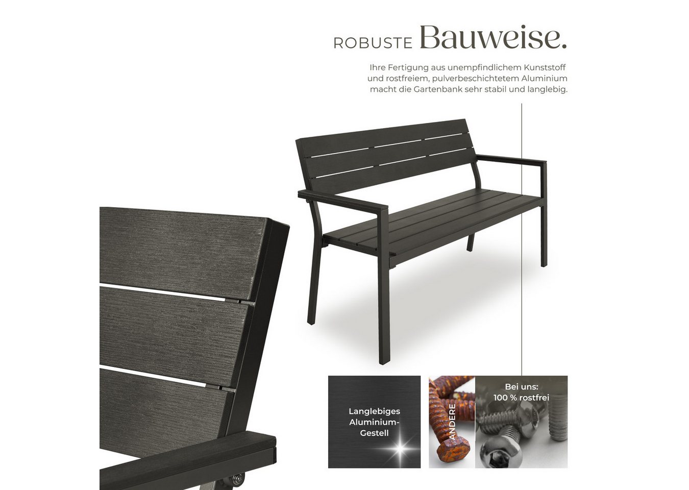 tectake Gartenbank Aluminium-Outdoor-Sitzbank, Maße: 128 x 59 x 88 cm, 2-Sitzer (Parkbank Line, in dunkelgrau), Wetterbeständig, Holzoptik, mit einer Belastbarkeit von 250 kg Bild 4
