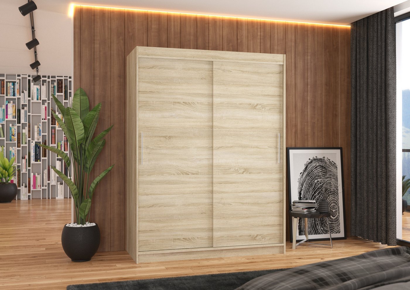 MOEBLO Schiebetürenschrank Lynox 150 (Moderner Kleiderschrank mit 2 Türen, 6 Regalen & Kleiderstange, Schwebetürenschrank 2-türig Schrank Garderobe Schiebtüren Schlafzimmer) (BxHxT): 150x200x58 cm Bild 3