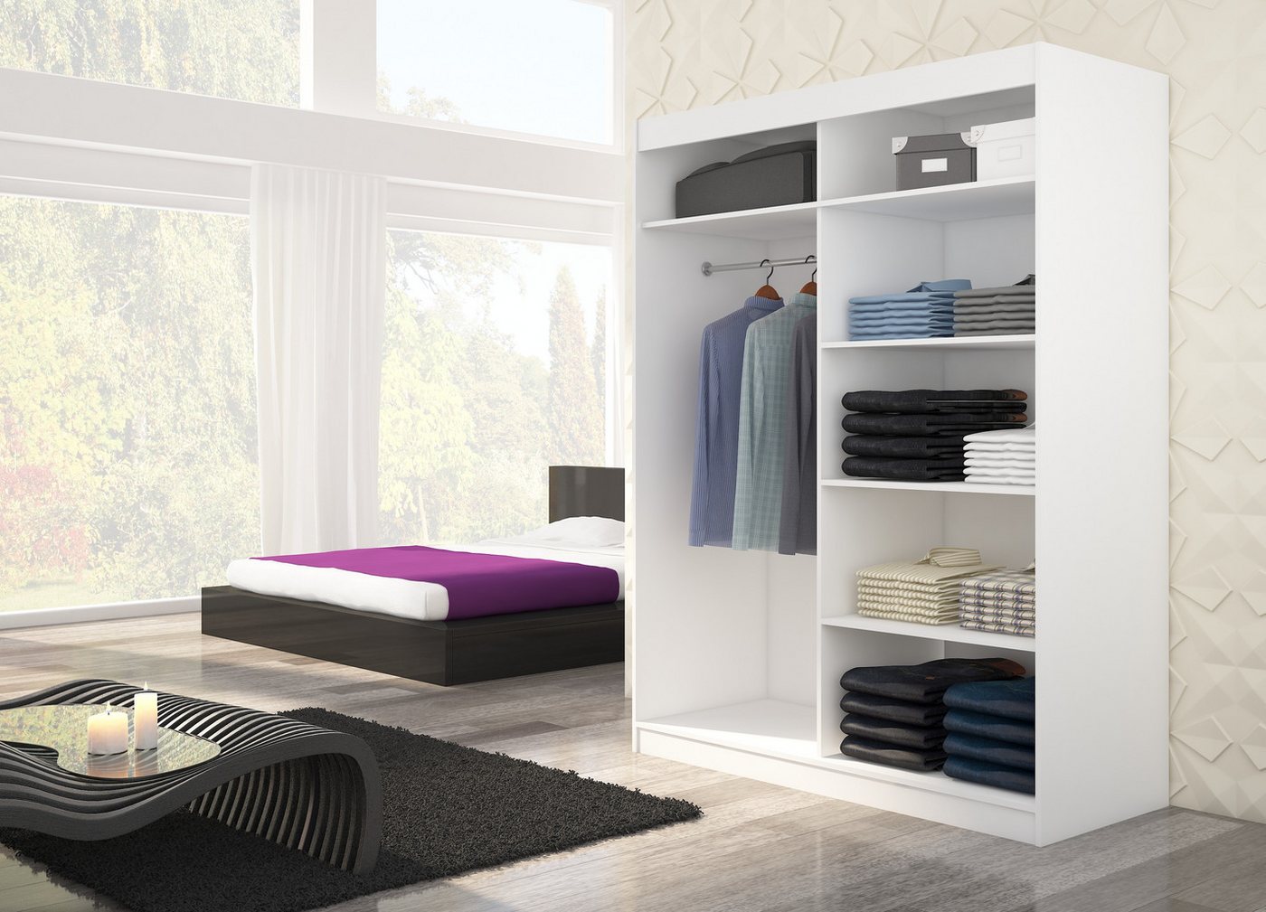 MOEBLO Schiebetürenschrank Lynox 150 (Moderner Kleiderschrank mit 2 Türen, 6 Regalen & Kleiderstange, Schwebetürenschrank 2-türig Schrank Garderobe Schiebtüren Schlafzimmer) (BxHxT): 150x200x58 cm Bild 4