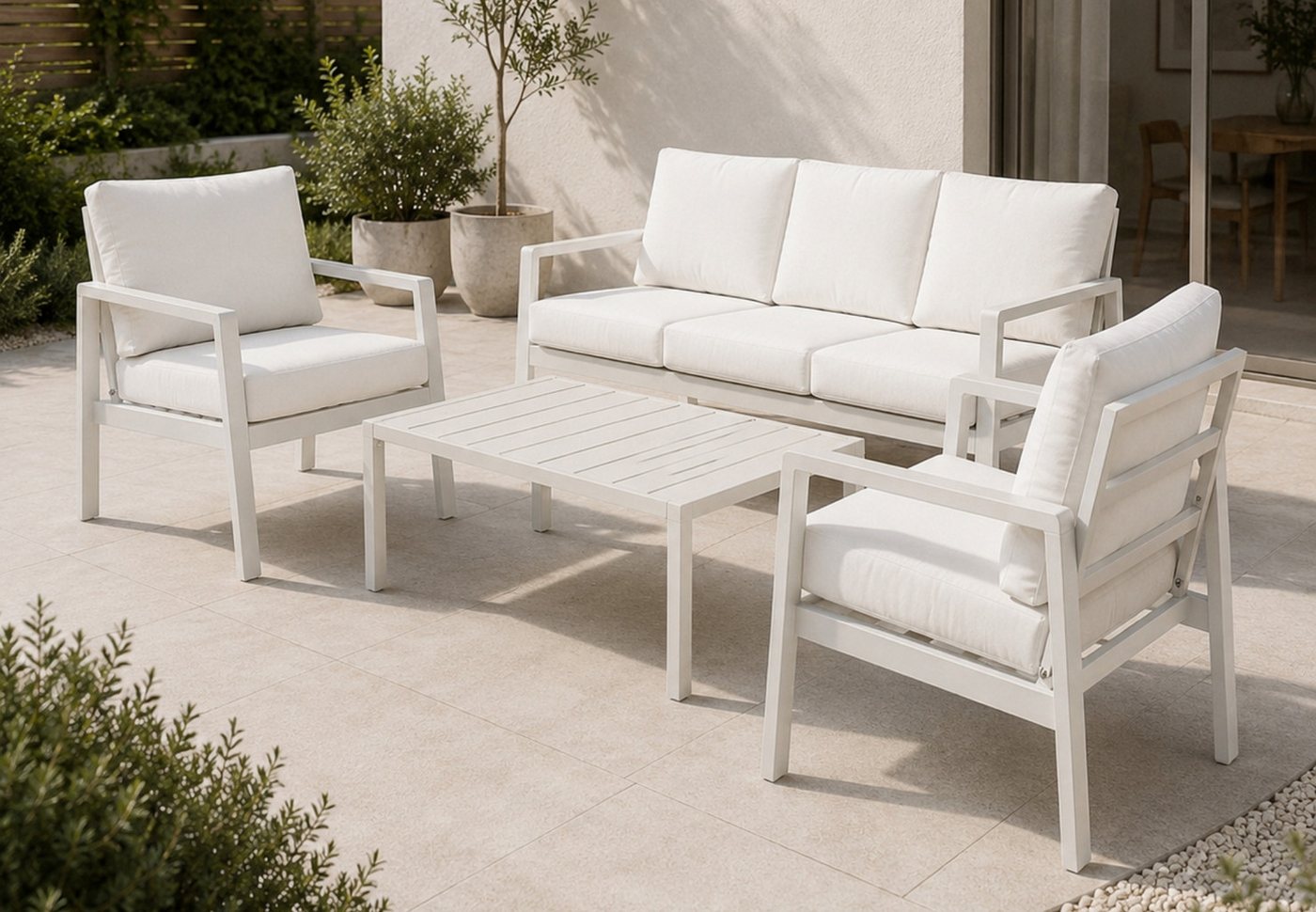Home Collective Gartenlounge-Set Balkonmöbel Lounge Möbel Outdoor Terrassenmöbel Sitzgruppe mit Sofa, (4-teiliges Set mit 1 3-Sitzer Sofa, 2 Stühlen und 1 Tisch, inkl. abziehbarer Kissen), pulverbeschichtetes Metallgestell, Tisch in moderner Lattenoptik, Weiß
