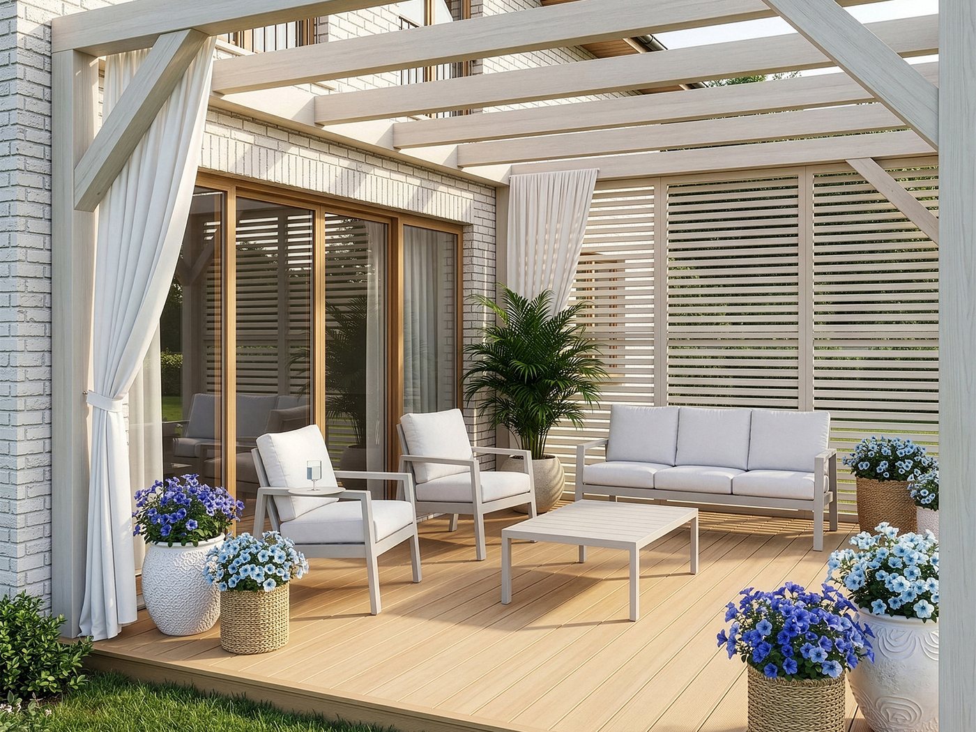 Home Collective Gartenlounge-Set Balkonmöbel Lounge Möbel Outdoor Terrassenmöbel Sitzgruppe mit Sofa, (4-teiliges Set mit 1 3-Sitzer Sofa, 2 Stühlen und 1 Tisch, inkl. abziehbarer Kissen), pulverbeschichtetes Metallgestell, Tisch in moderner Lattenoptik, Weiß Bild 2
