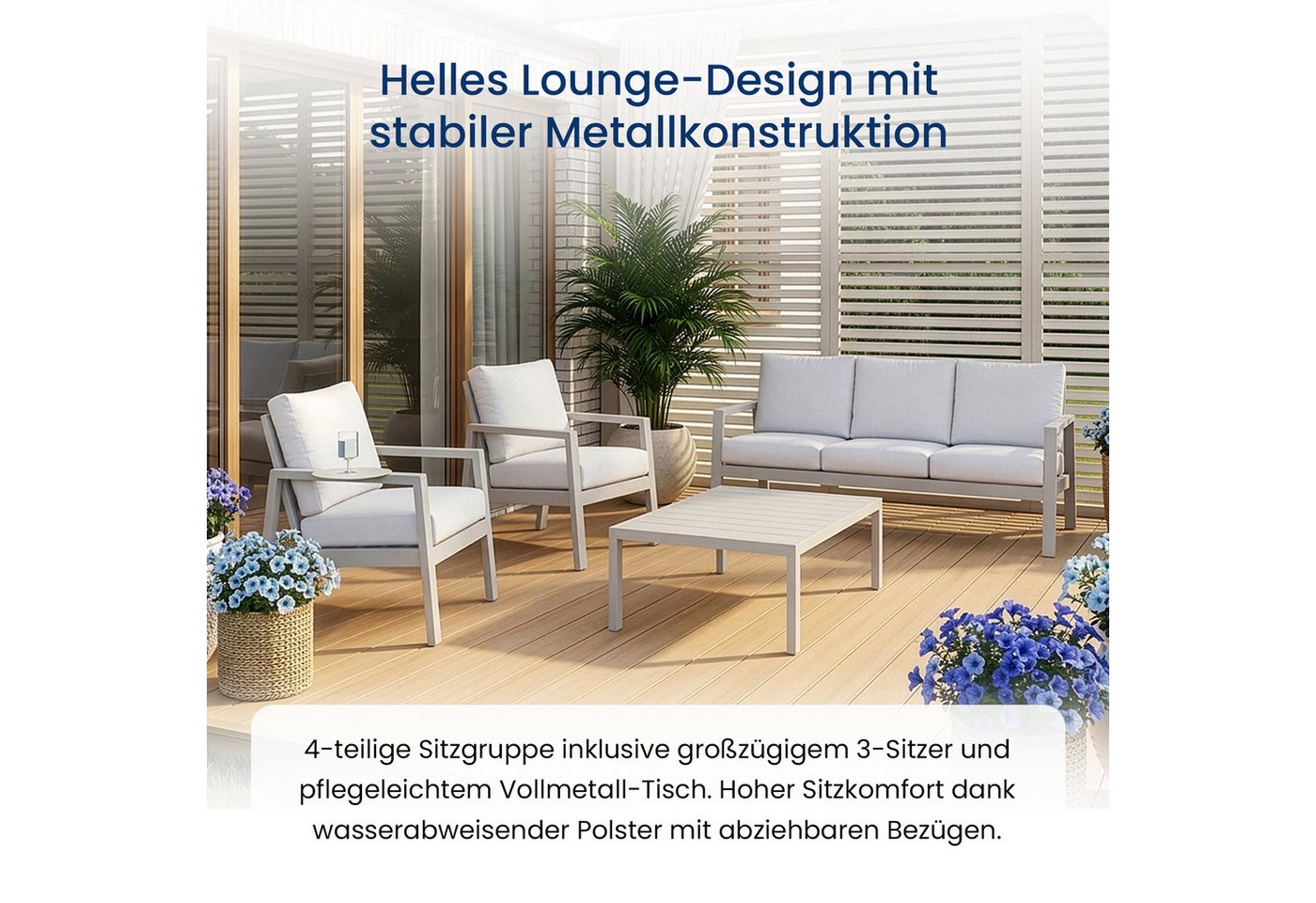 Home Collective Gartenlounge-Set Balkonmöbel Lounge Möbel Outdoor Terrassenmöbel Sitzgruppe mit Sofa, (4-teiliges Set mit 1 3-Sitzer Sofa, 2 Stühlen und 1 Tisch, inkl. abziehbarer Kissen), pulverbeschichtetes Metallgestell, Tisch in moderner Lattenoptik, Weiß Bild 3