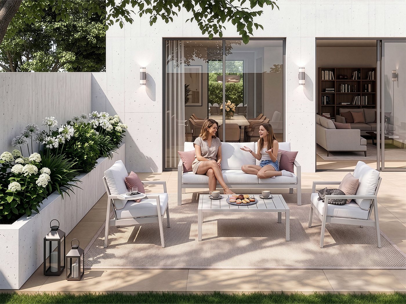 Home Collective Gartenlounge-Set Balkonmöbel Lounge Möbel Outdoor Terrassenmöbel Sitzgruppe mit Sofa, (4-teiliges Set mit 1 3-Sitzer Sofa, 2 Stühlen und 1 Tisch, inkl. abziehbarer Kissen), pulverbeschichtetes Metallgestell, Tisch in moderner Lattenoptik, Weiß Bild 4