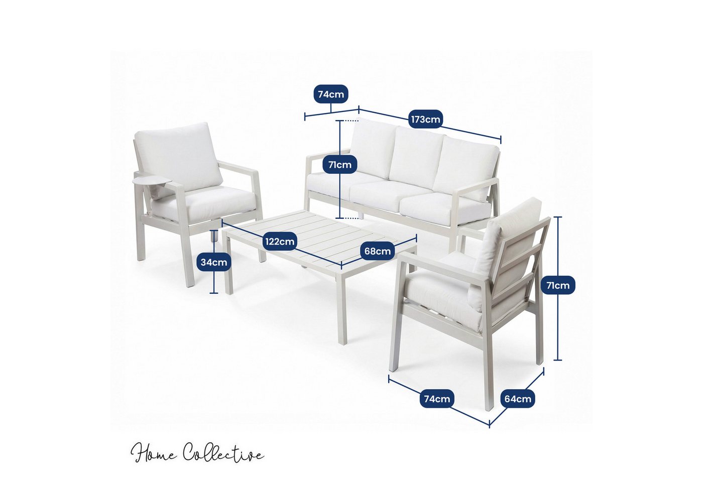 Home Collective Gartenlounge-Set Balkonmöbel Lounge Möbel Outdoor Terrassenmöbel Sitzgruppe mit Sofa, (4-teiliges Set mit 1 3-Sitzer Sofa, 2 Stühlen und 1 Tisch, inkl. abziehbarer Kissen), pulverbeschichtetes Metallgestell, Tisch in moderner Lattenoptik, Weiß Bild 5