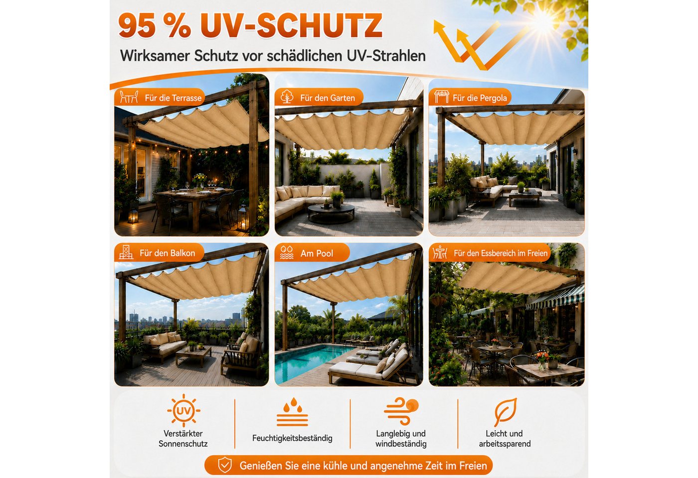 LMaxhome Sonnensegel Einziehbar robust Balkon Sichtschutz UV Schutz wasserfest, Wellen Sonnenschutz mit Ösen für Garten, Terrasse, Pool & Camping Bild 2