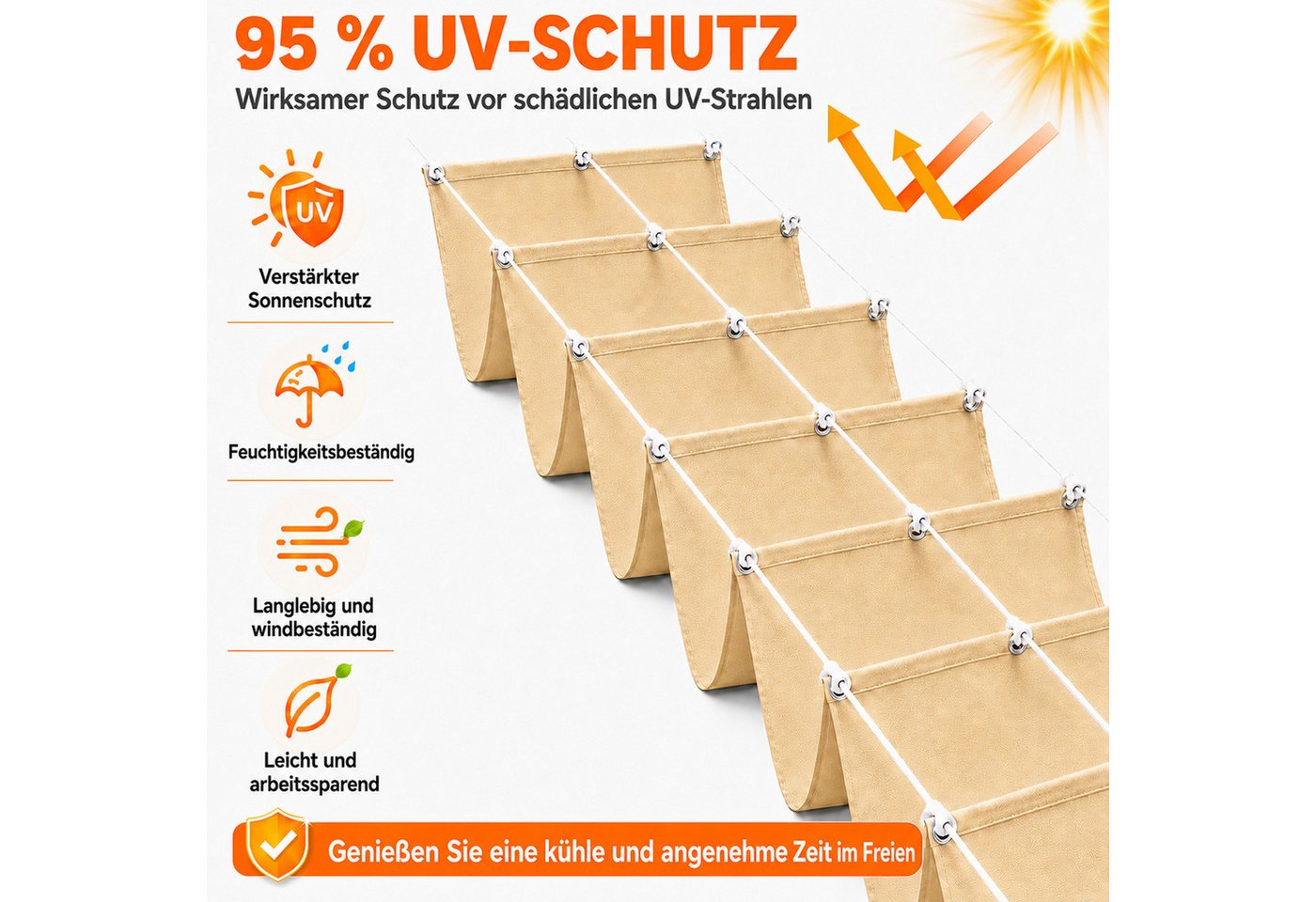 LMaxhome Sonnensegel Einziehbar robust Balkon Sichtschutz UV Schutz wasserfest, Wellen Sonnenschutz mit Ösen für Garten, Terrasse, Pool & Camping Bild 3