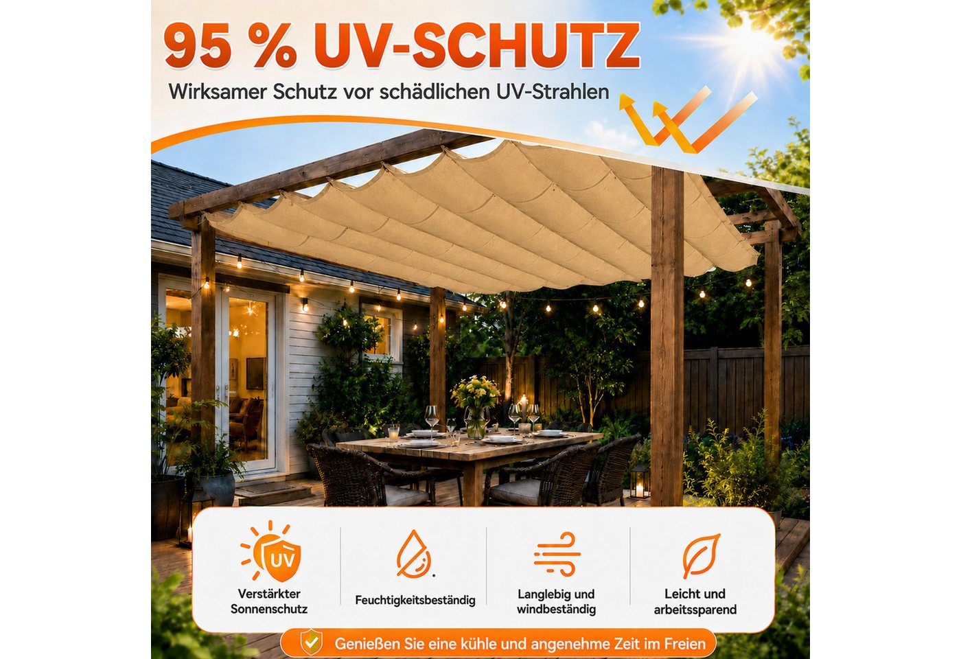LMaxhome Sonnensegel Einziehbar robust Balkon Sichtschutz UV Schutz wasserfest, Wellen Sonnenschutz mit Ösen für Garten, Terrasse, Pool & Camping Bild 4