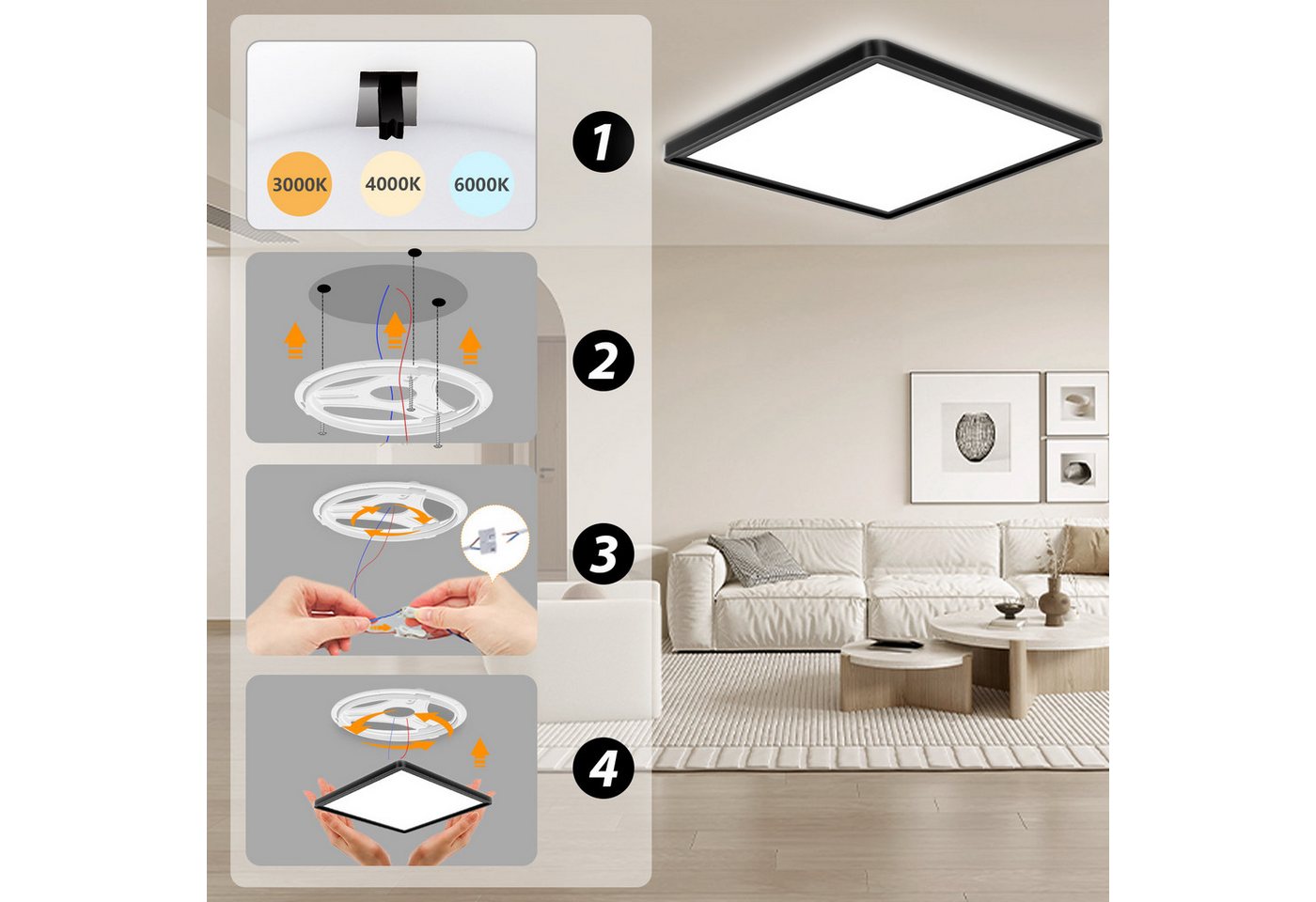 POPOLIC LED Deckenleuchte Deckenlampe 3200LM Modern LED Decklit, 3Farben - 3000K/4000K/6000K, Quadrat Flach Modern Schlafzimmer Lampe, IP54 Wasserfest, Ø30cm