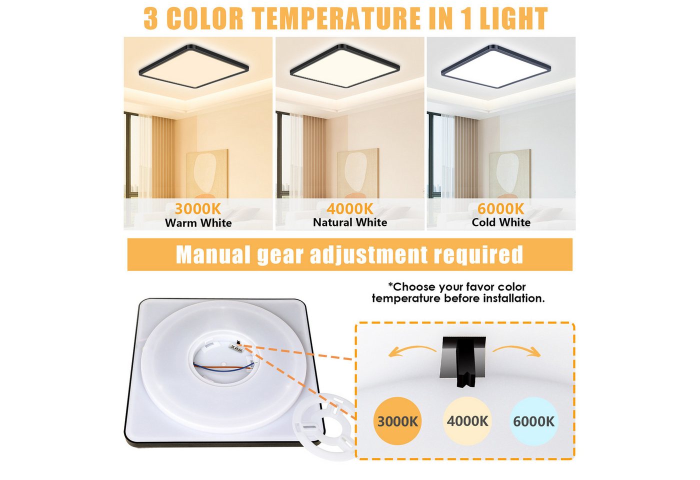 POPOLIC LED Deckenleuchte Deckenlampe 3200LM Modern LED Decklit, 3Farben - 3000K/4000K/6000K, Quadrat Flach Modern Schlafzimmer Lampe, IP54 Wasserfest, Ø30cm Bild 3