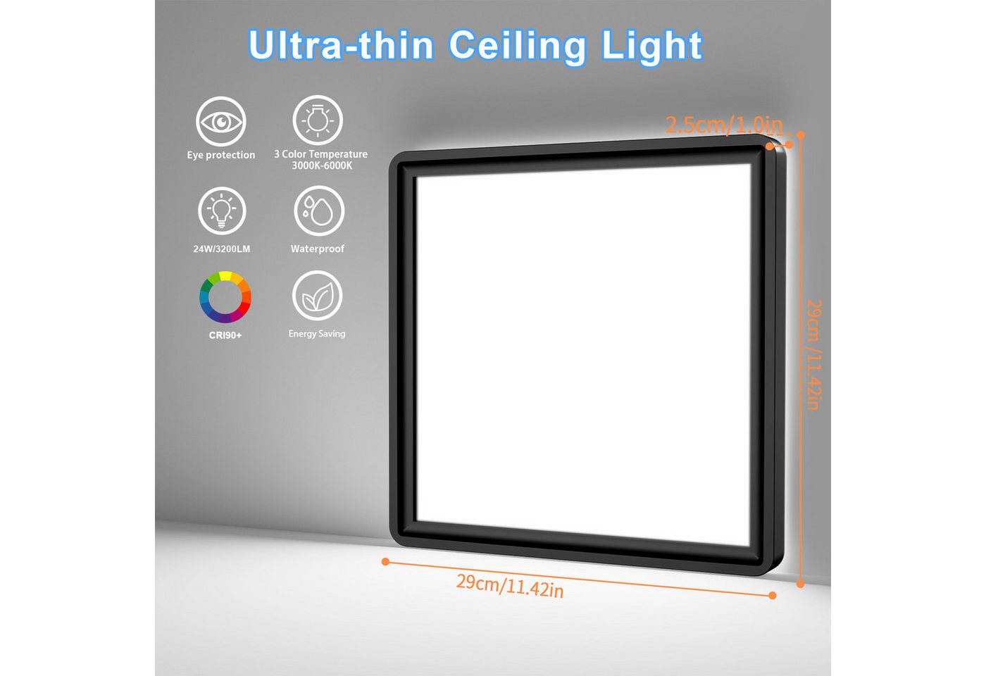 POPOLIC LED Deckenleuchte Deckenlampe 3200LM Modern LED Decklit, 3Farben - 3000K/4000K/6000K, Quadrat Flach Modern Schlafzimmer Lampe, IP54 Wasserfest, Ø30cm Bild 4