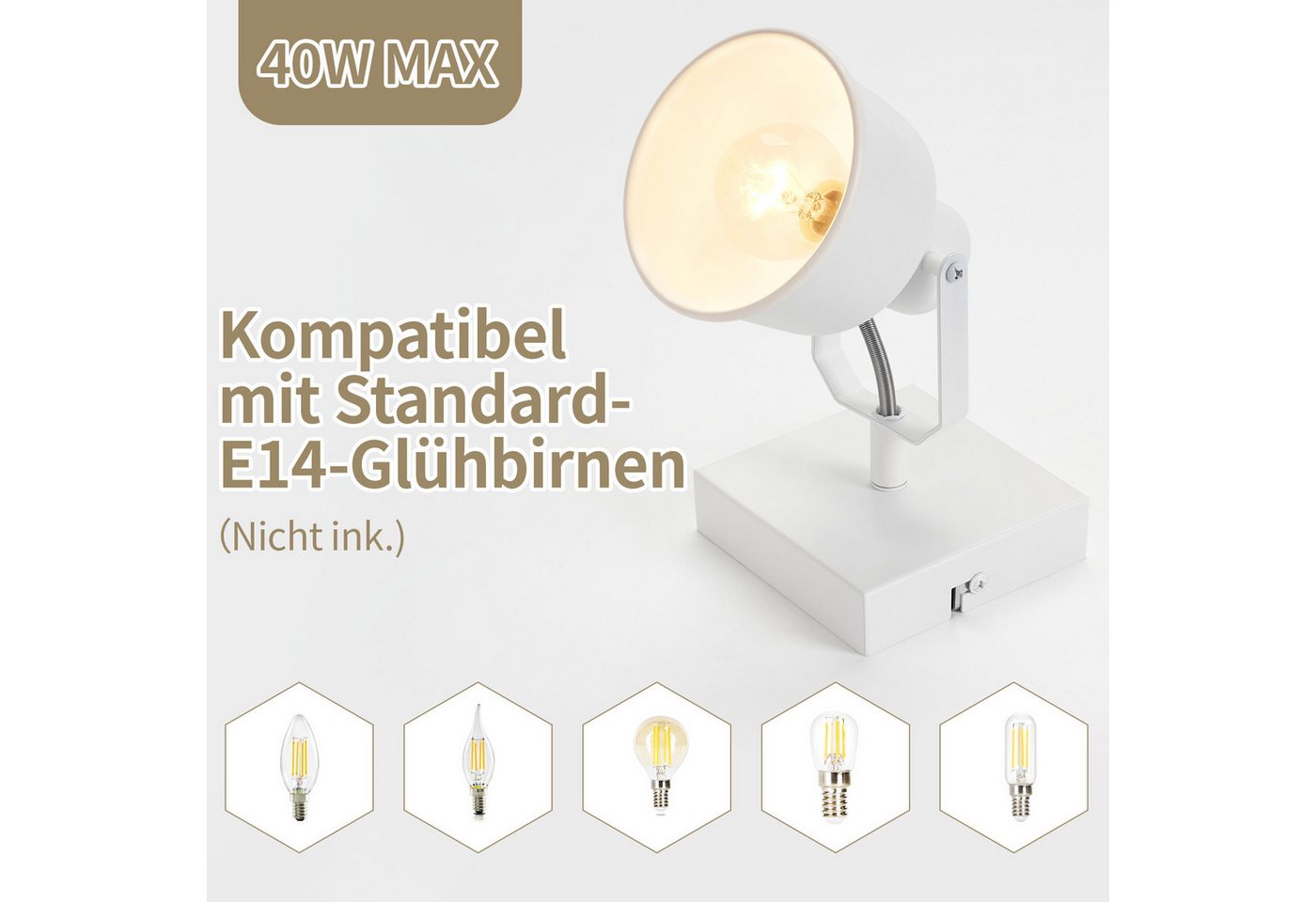 Nettlife Wandstrahler Schwarz Vintage E14 Deckenstrahler Schwenkbar 350° 40W Wandleuchte, Schwenkbar, LED wechselbar, Retro Küchenlampe für Wohnzimmer Schlafzimmer Büro Bild 4