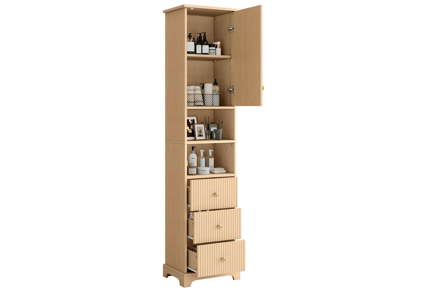 Yorbay Badkommode Badezimmerschrank 172 cm Naturholz mit 3 Schubladen und Tür Bad, Schmaler Badschrank mit 4 geschlossenen Staubereichen