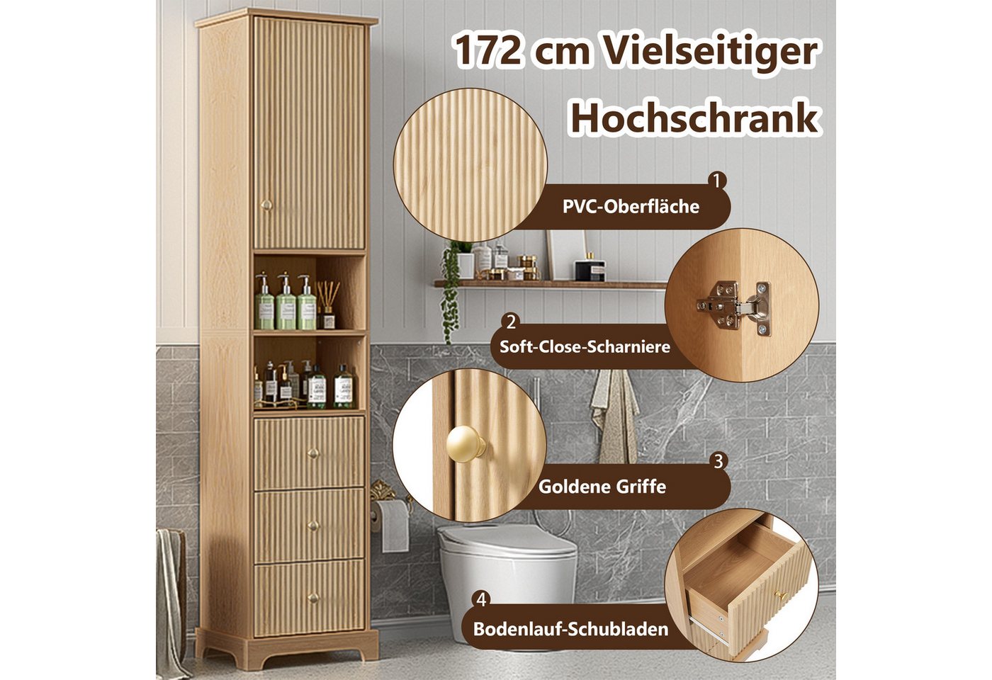 Yorbay Badkommode Badezimmerschrank 172 cm Naturholz mit 3 Schubladen und Tür Bad, Schmaler Badschrank mit 4 geschlossenen Staubereichen Bild 2