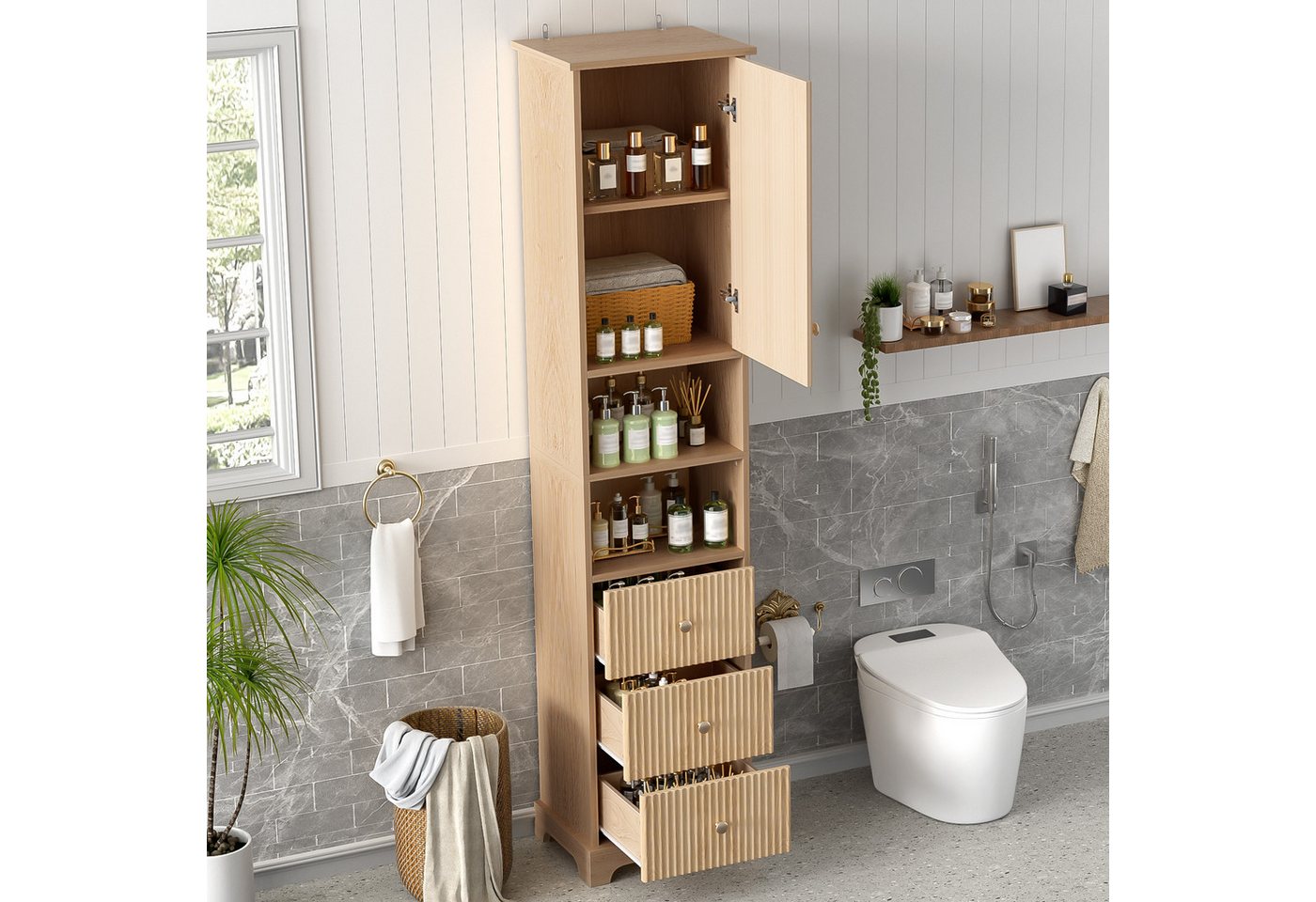 Yorbay Badkommode Badezimmerschrank 172 cm Naturholz mit 3 Schubladen und Tür Bad, Schmaler Badschrank mit 4 geschlossenen Staubereichen Bild 3