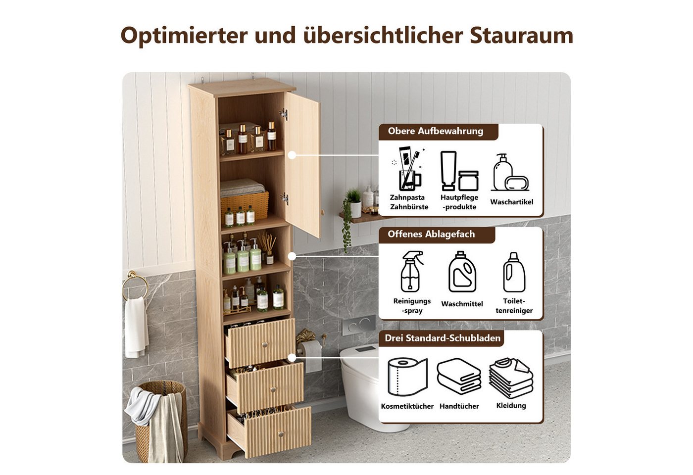 Yorbay Badkommode Badezimmerschrank 172 cm Naturholz mit 3 Schubladen und Tür Bad, Schmaler Badschrank mit 4 geschlossenen Staubereichen Bild 4
