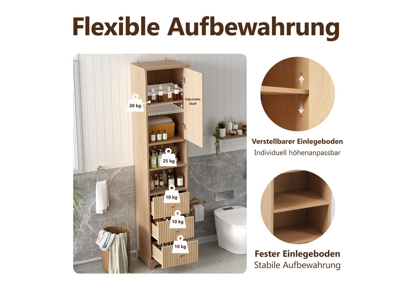 Yorbay Badkommode Badezimmerschrank 172 cm Naturholz mit 3 Schubladen und Tür Bad, Schmaler Badschrank mit 4 geschlossenen Staubereichen Bild 5