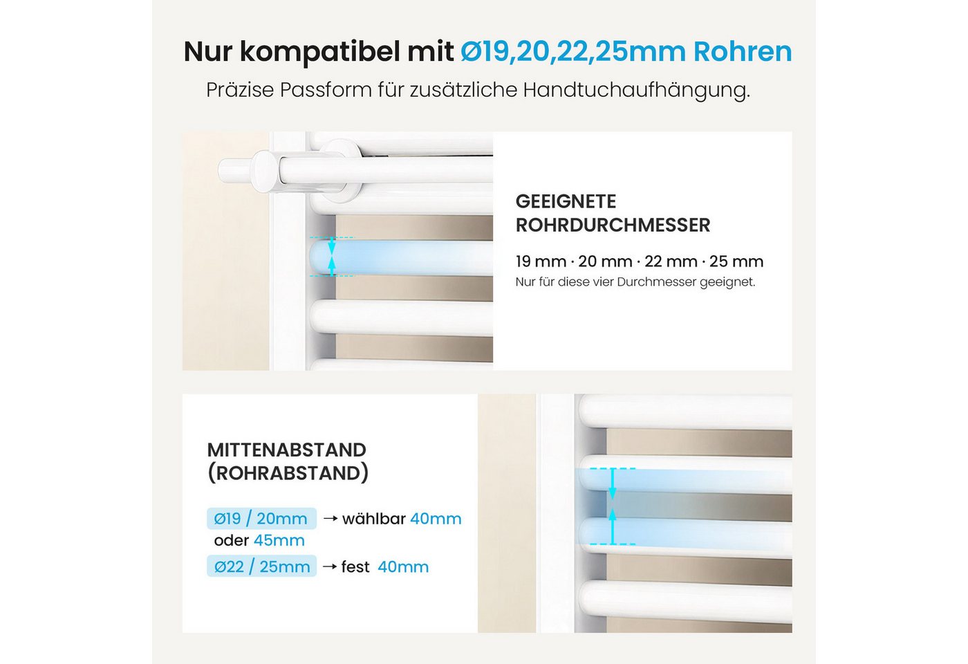 MEYKOERS Handtuchhalter für heizkörper, Handtuchstange ohne Bohren l: 460 mm, Für Runden Badheizkörper, Weiß/Anthrazit, Handtuchhalter Bad zubehör Bild 2