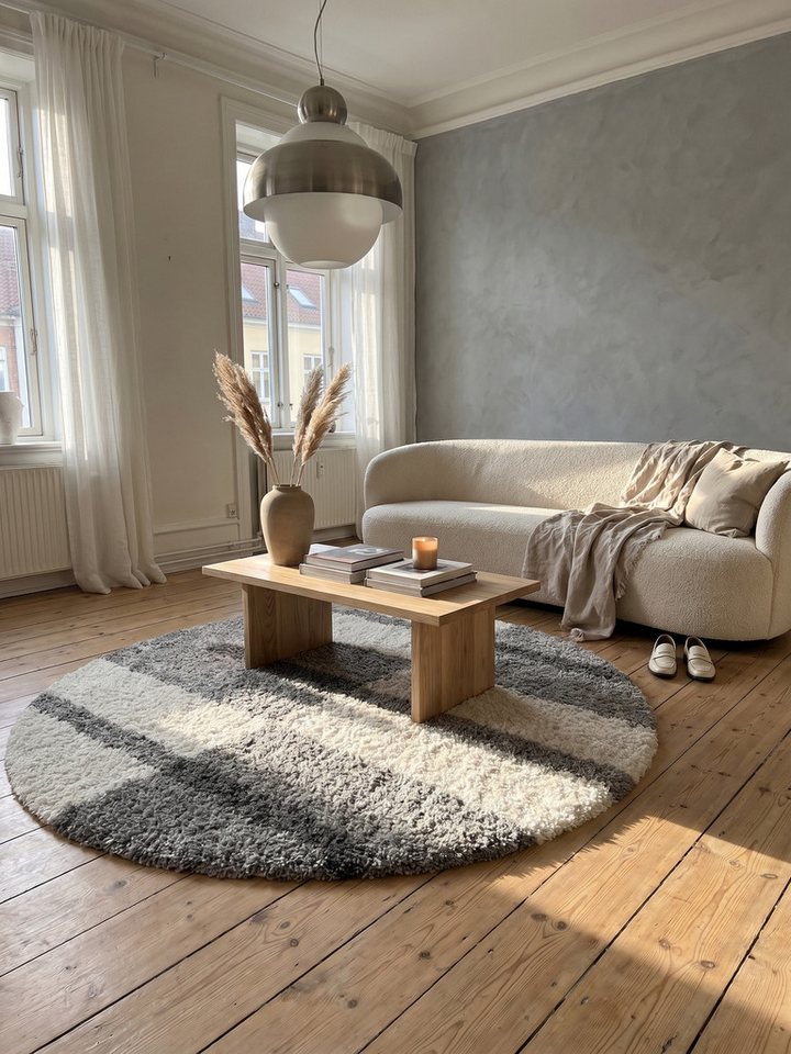 KADIMA DESIGN Teppich WERFEN Shaggy Langflor Wohnzimmer Schlafzimmer Waschbar Kariert, Rund, Höhe: 32 mm, Hellgrau, 80x80 cm, Wohnzimmerteppich Strapazierfähig Waschbar