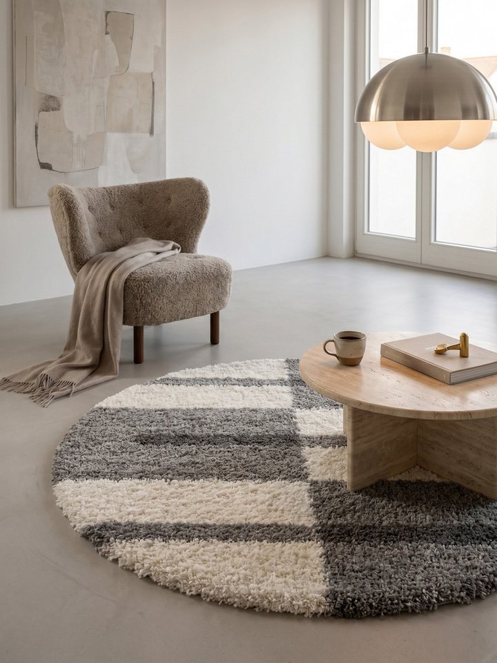 KADIMA DESIGN Teppich WERFEN Shaggy Langflor Wohnzimmer Schlafzimmer Waschbar Kariert, Rund, Höhe: 32 mm, Hellgrau, 80x80 cm, Wohnzimmerteppich Strapazierfähig Waschbar Bild 2
