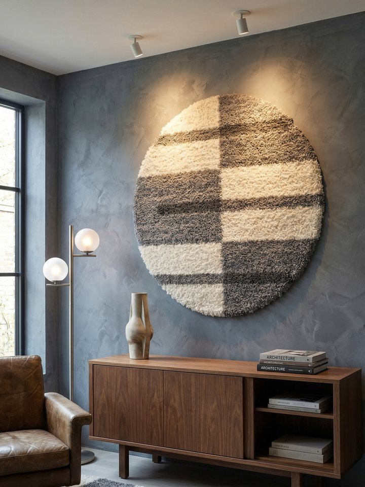 KADIMA DESIGN Teppich WERFEN Shaggy Langflor Wohnzimmer Schlafzimmer Waschbar Kariert, Rund, Höhe: 32 mm, Hellgrau, 80x80 cm, Wohnzimmerteppich Strapazierfähig Waschbar Bild 5