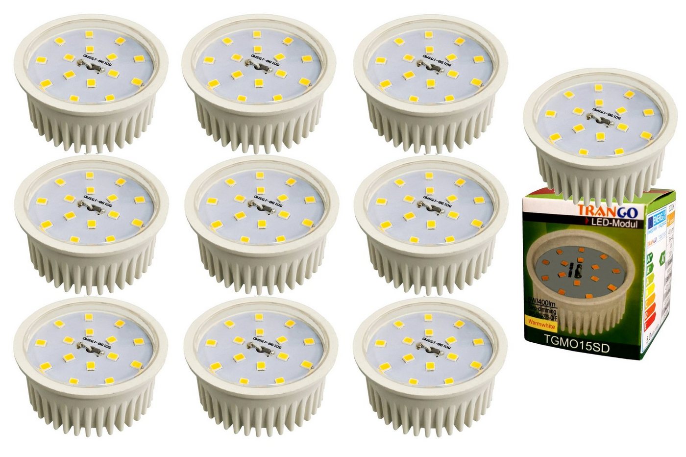 TRANGO LED-Leuchtmittel, 10er Pack MO15-10 LED Modul Ultra flach 5.0 Watt nur 2,3cm hoch 3000K warmweiß zum Ersetzen von GU10 & MR16 Halogen Leuchtmittel, 10 St., für Einbauleuchte, Deckenstrahler, Einbaustrahler, Deckenleuchte