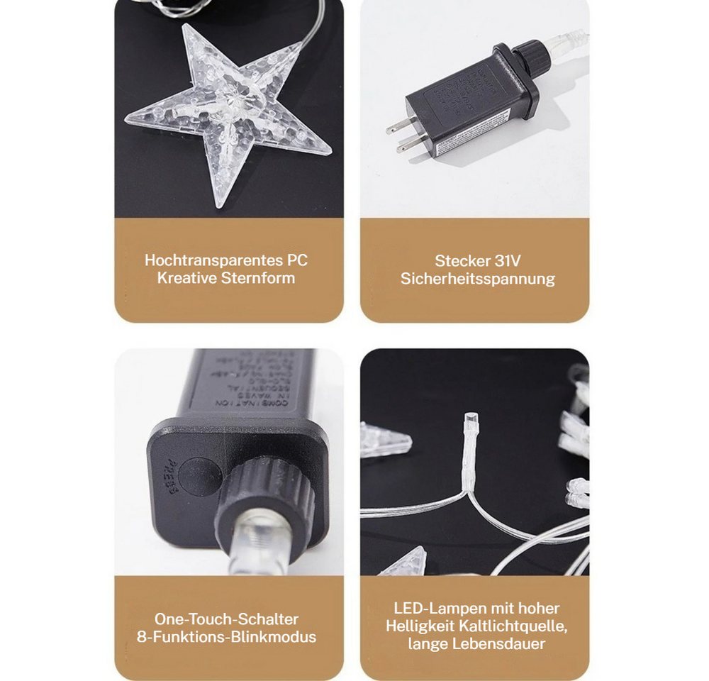 VIVIHEYDAY LED-Lichtervorhang Sterne LED Lichterkette Dekolicht Innen Weihnachten Deko, 8 Beleuchtungsmodi Bild 3
