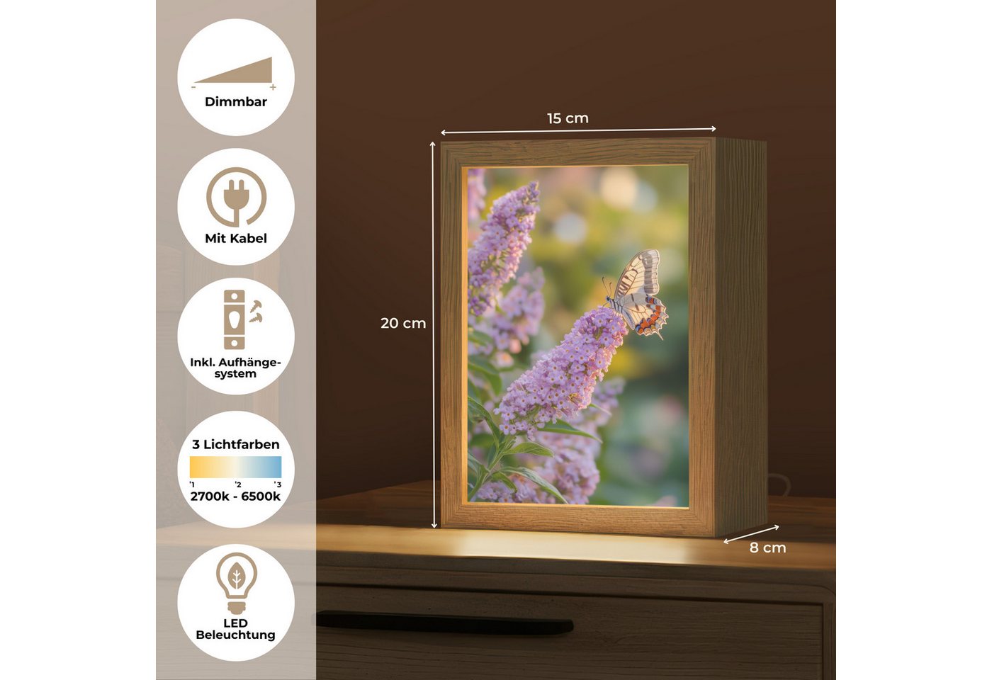 OnlyWow Tischleuchte Lightbox Verschnörkelt - Schmetterling - Lila - Blumen, Dimmbar, Farbwechsel, LED, Warmweiß, Kaltweiß, Neutralweiß Einstellbar, Tischlampe, Schreibtischlampe, Desk, Dimmbar, mit Kabel, LED Bild 2