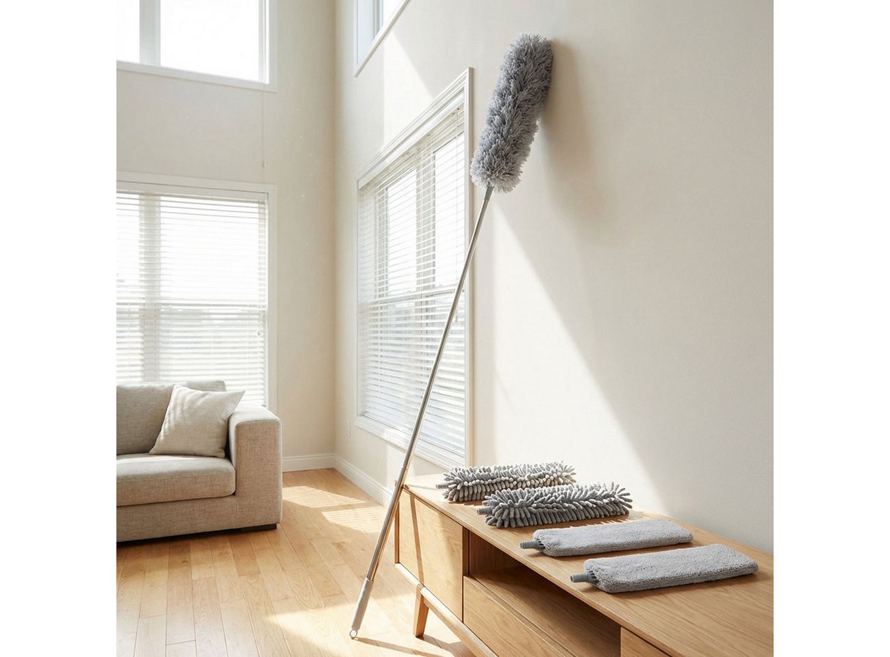 shop'n smile ideoon Staubwedel 5in1 Staubwedel-Set 210cm-ausziehbarer Teleskopstange 5 Aufsätze, Biegsamer Mikrofaser-Staubwischer für Möbel, Ventilatoren & Ecken