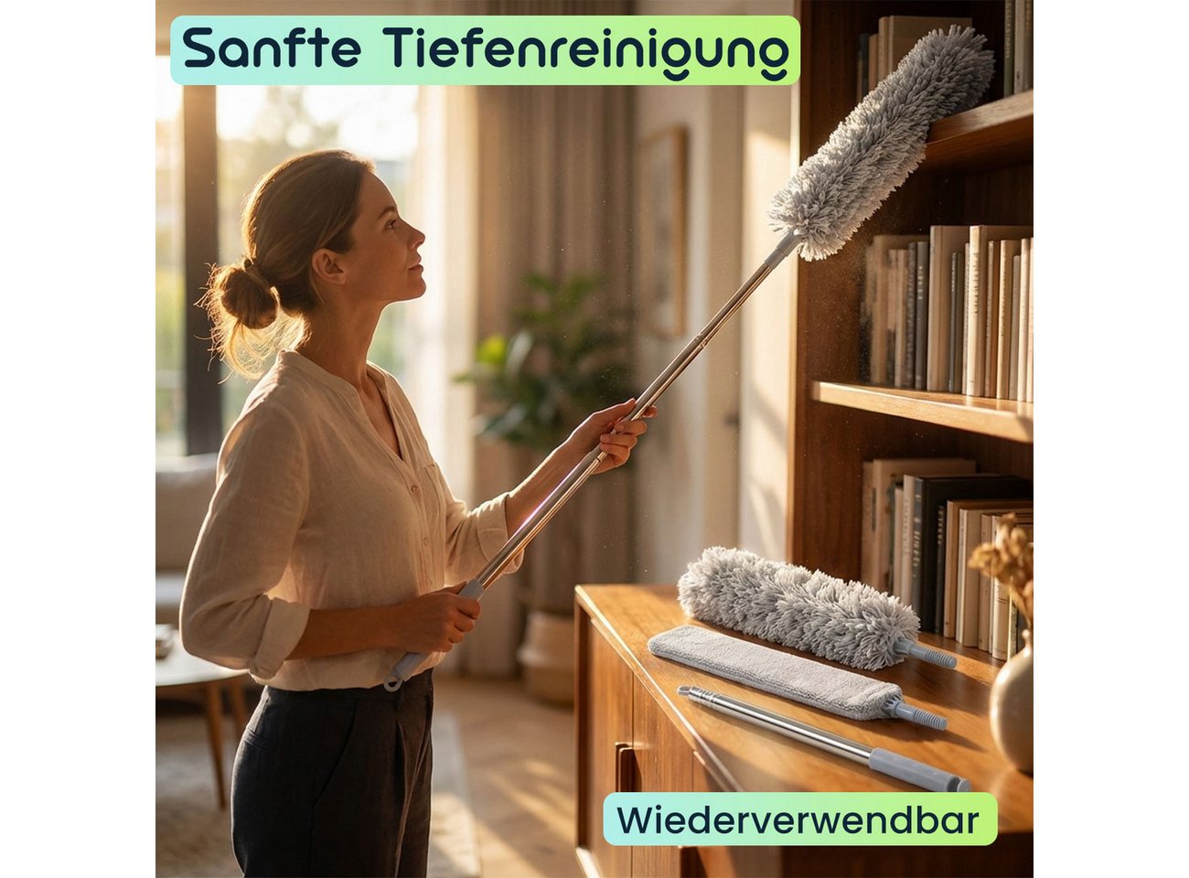 shop'n smile ideoon Staubwedel 5in1 Staubwedel-Set 210cm-ausziehbarer Teleskopstange 5 Aufsätze, Biegsamer Mikrofaser-Staubwischer für Möbel, Ventilatoren & Ecken Bild 2