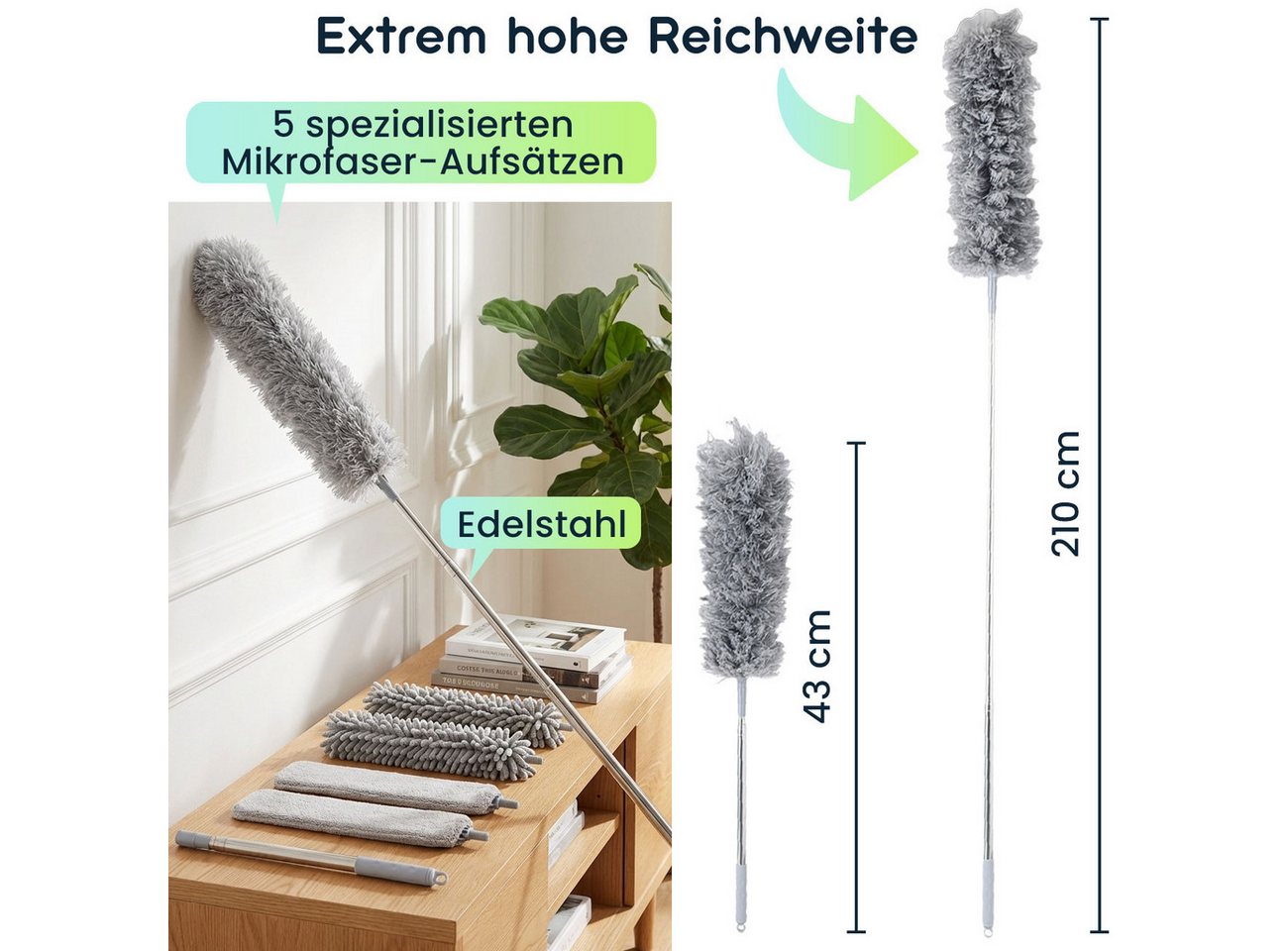 shop'n smile ideoon Staubwedel 5in1 Staubwedel-Set 210cm-ausziehbarer Teleskopstange 5 Aufsätze, Biegsamer Mikrofaser-Staubwischer für Möbel, Ventilatoren & Ecken Bild 5