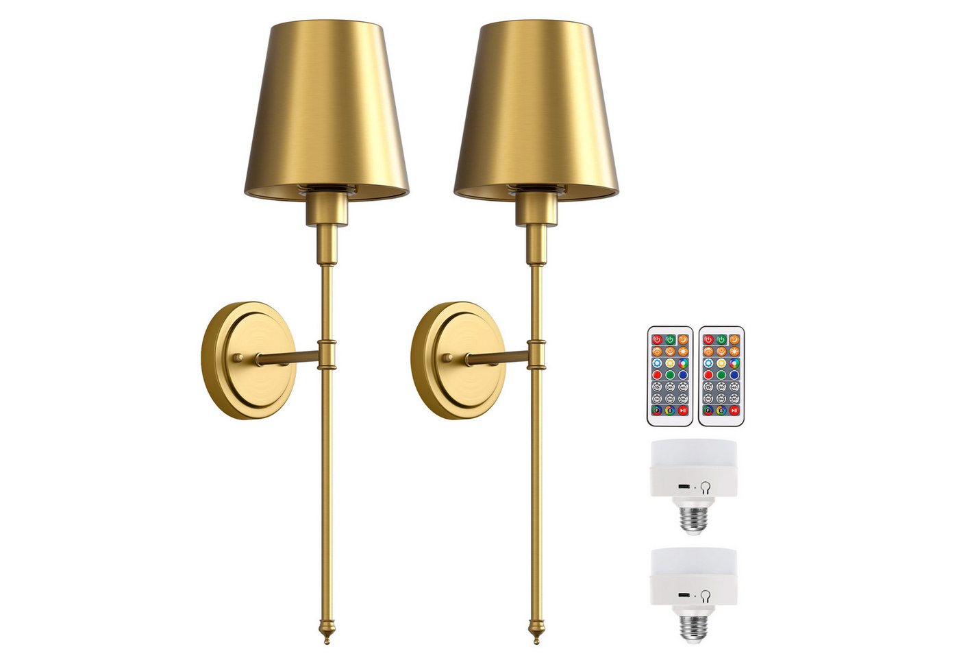 LOHAS-LED Wandleuchte 2er-Set goldene kegelförmige Akku-Wandleuchte, Gesamt 62,48 cm, LED wechselbar, RGBCW, E26 RGBCW dimmbar mit IR-Fernbedienung