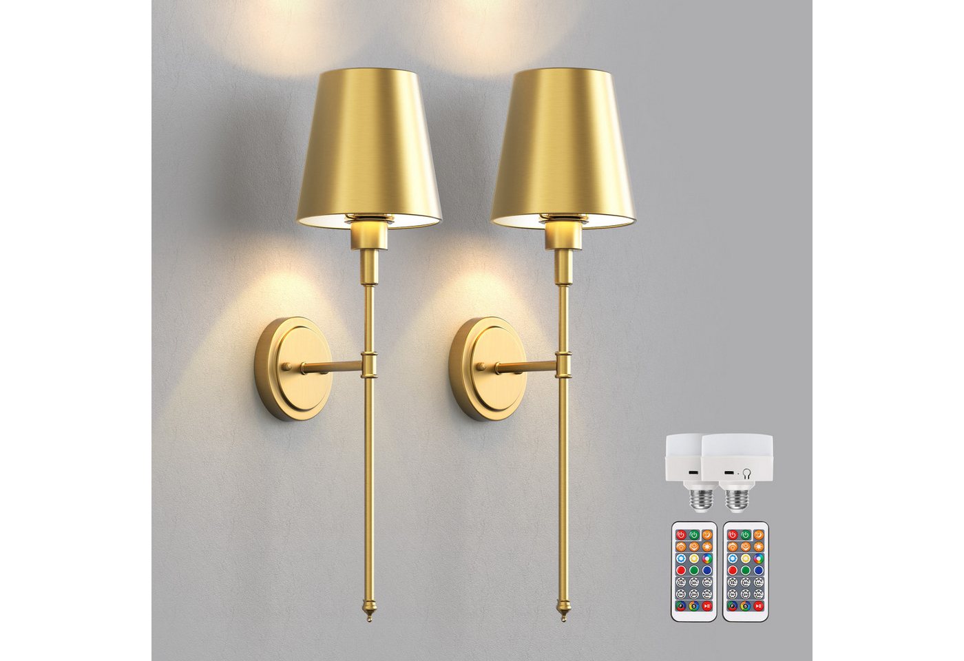 LOHAS-LED Wandleuchte 2er-Set goldene kegelförmige Akku-Wandleuchte, Gesamt 62,48 cm, LED wechselbar, RGBCW, E26 RGBCW dimmbar mit IR-Fernbedienung Bild 3