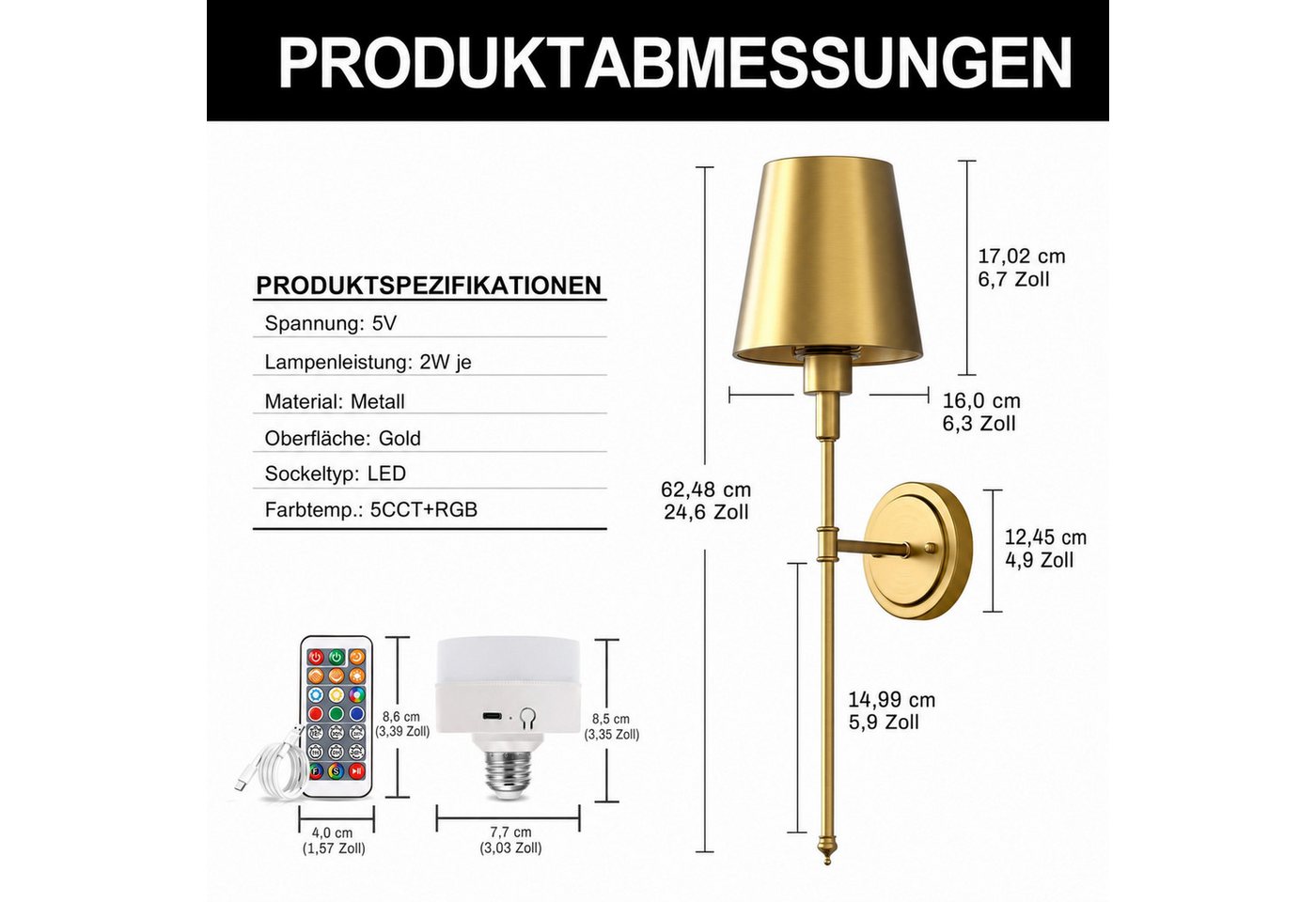 LOHAS-LED Wandleuchte 2er-Set goldene kegelförmige Akku-Wandleuchte, Gesamt 62,48 cm, LED wechselbar, RGBCW, E26 RGBCW dimmbar mit IR-Fernbedienung Bild 4
