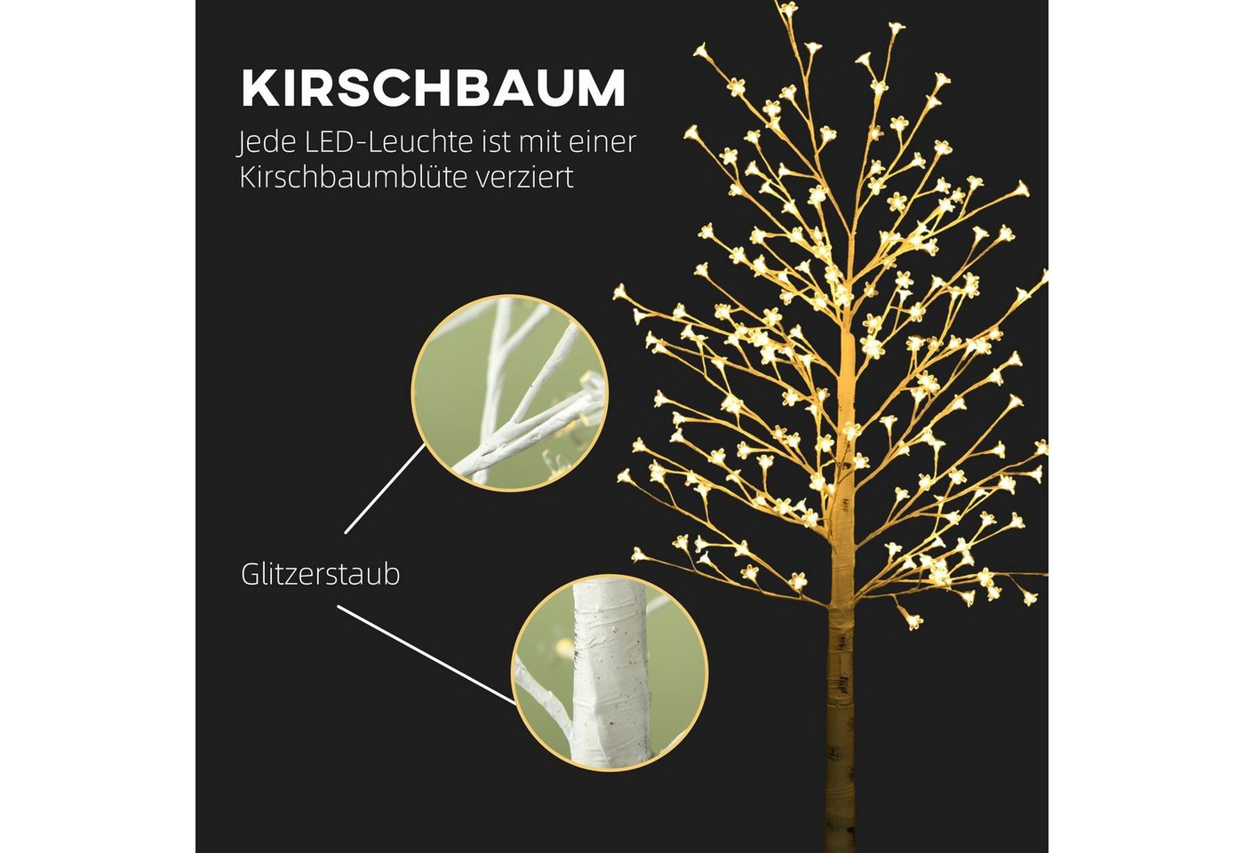 HOMCOM LED Baum Kunstbaum, Kirschbaum mit 180 LEDs, 3 Helligkeitsstufen, Osterdeko, Warmweiße LED-Lichter, LED, Warmweiß, Vorbeleuchtete Design Bild 2