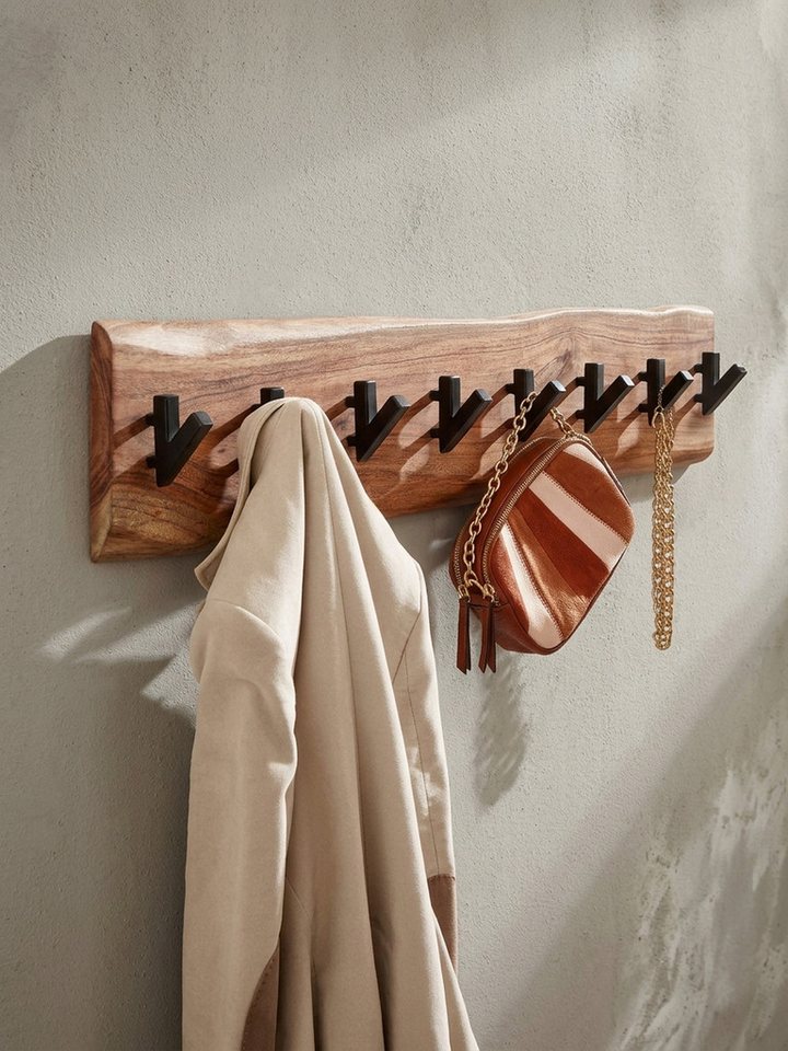 KADIMA DESIGN Wandgarderobe Design Wandgarderobe Akazie Massivholz / Metall 90 x 19 x 9 cm (Garderobe Holz), Hakenleiste Flurgarderobe Wand