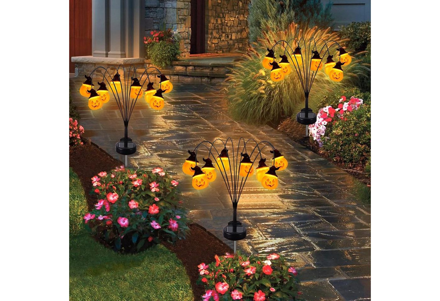 QUBEBU Gartenleuchte Halloween Kürbis Gartenlichter 60 LED Halloween Deko Solarlampen, 2 Stk., LED fest integriert, Swinging Solarleuchten Gartenlicht für Außen Rasen Gehweg Landschaft, Halloween Deko Licht Outdoor, Halloween LED Gartenbeleuchtung