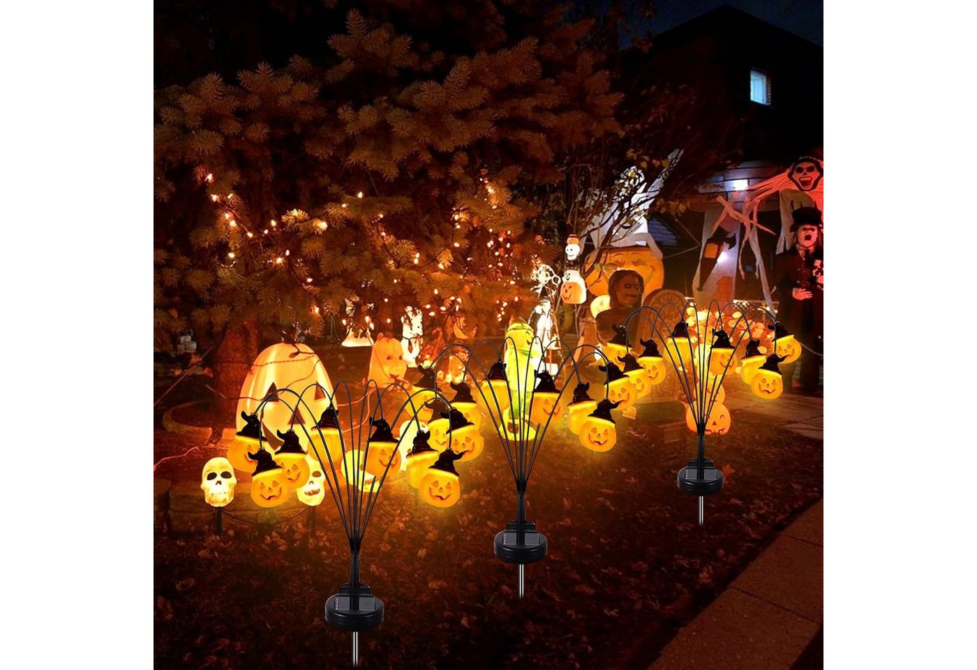 QUBEBU Gartenleuchte Halloween Kürbis Gartenlichter 60 LED Halloween Deko Solarlampen, 2 Stk., LED fest integriert, Swinging Solarleuchten Gartenlicht für Außen Rasen Gehweg Landschaft, Halloween Deko Licht Outdoor, Halloween LED Gartenbeleuchtung Bild 3