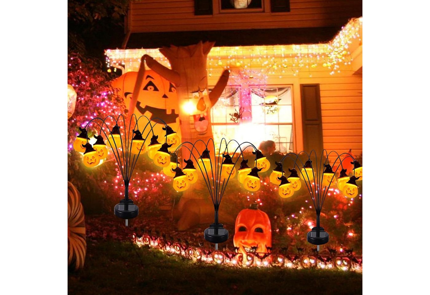 QUBEBU Gartenleuchte Halloween Kürbis Gartenlichter 60 LED Halloween Deko Solarlampen, 2 Stk., LED fest integriert, Swinging Solarleuchten Gartenlicht für Außen Rasen Gehweg Landschaft, Halloween Deko Licht Outdoor, Halloween LED Gartenbeleuchtung Bild 4