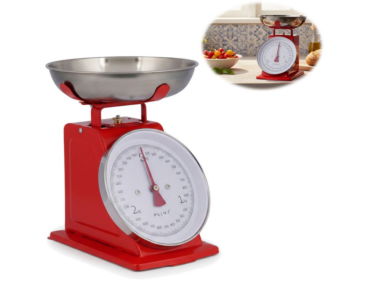 LS-LebenStil Küchenwaage Vintage Küchenwaage Retro Rot Manuelle Backwaage großes Ziffernblatt, (Manuelle Analoge Backwaage großes Ziffernblatt, 2-tlg., mit 1L Edelstahl Schüssel ohne Batterie / Strom Küche Waage), 3kg Skala mit großer Rührschüssel