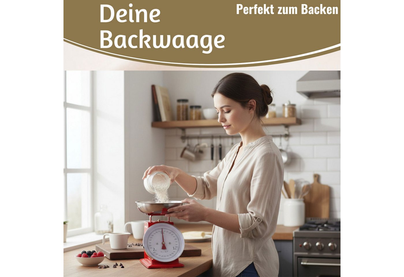 LS-LebenStil Küchenwaage Vintage Küchenwaage Retro Rot Manuelle Backwaage großes Ziffernblatt, (Manuelle Analoge Backwaage großes Ziffernblatt, 2-tlg., mit 1L Edelstahl Schüssel ohne Batterie / Strom Küche Waage), 3kg Skala mit großer Rührschüssel Bild 2