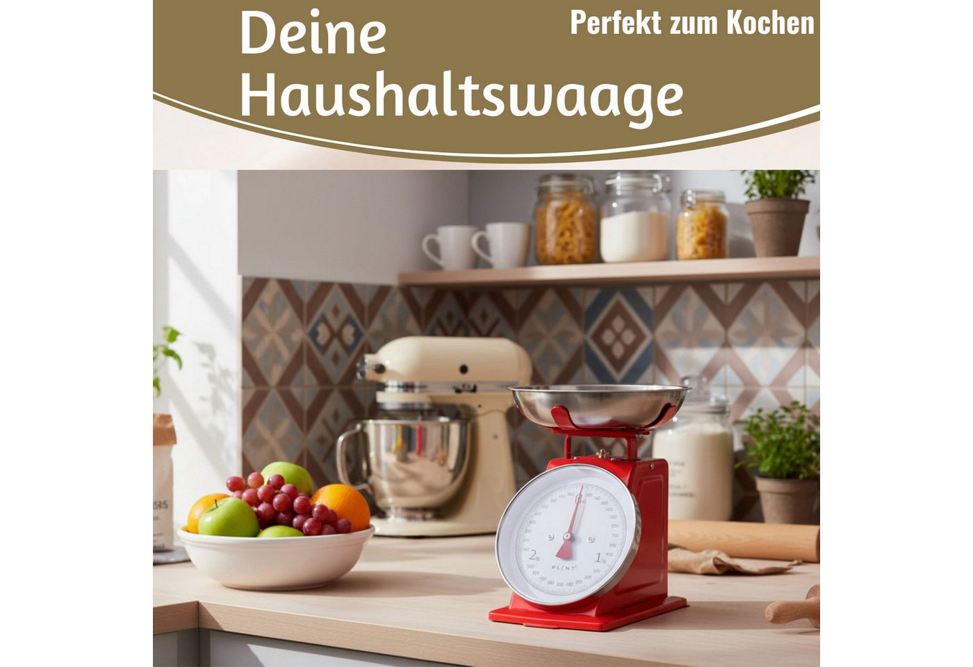 LS-LebenStil Küchenwaage Vintage Küchenwaage Retro Rot Manuelle Backwaage großes Ziffernblatt, (Manuelle Analoge Backwaage großes Ziffernblatt, 2-tlg., mit 1L Edelstahl Schüssel ohne Batterie / Strom Küche Waage), 3kg Skala mit großer Rührschüssel Bild 3