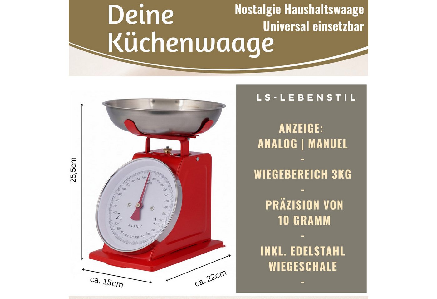 LS-LebenStil Küchenwaage Vintage Küchenwaage Retro Rot Manuelle Backwaage großes Ziffernblatt, (Manuelle Analoge Backwaage großes Ziffernblatt, 2-tlg., mit 1L Edelstahl Schüssel ohne Batterie / Strom Küche Waage), 3kg Skala mit großer Rührschüssel Bild 4